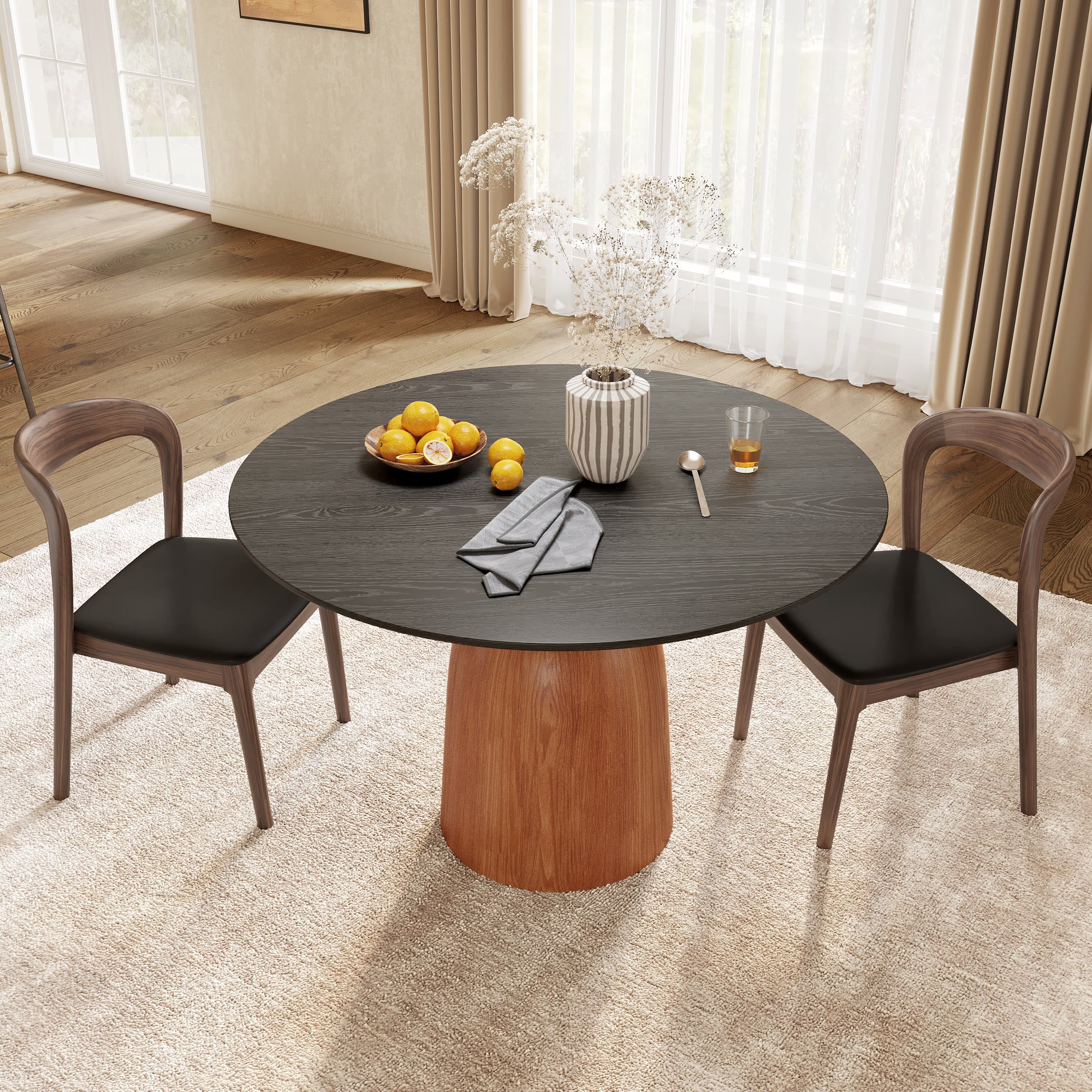 Soluna Walnut Solid Wood Pedestal Round Dining Table with Black Wood Top - image 3