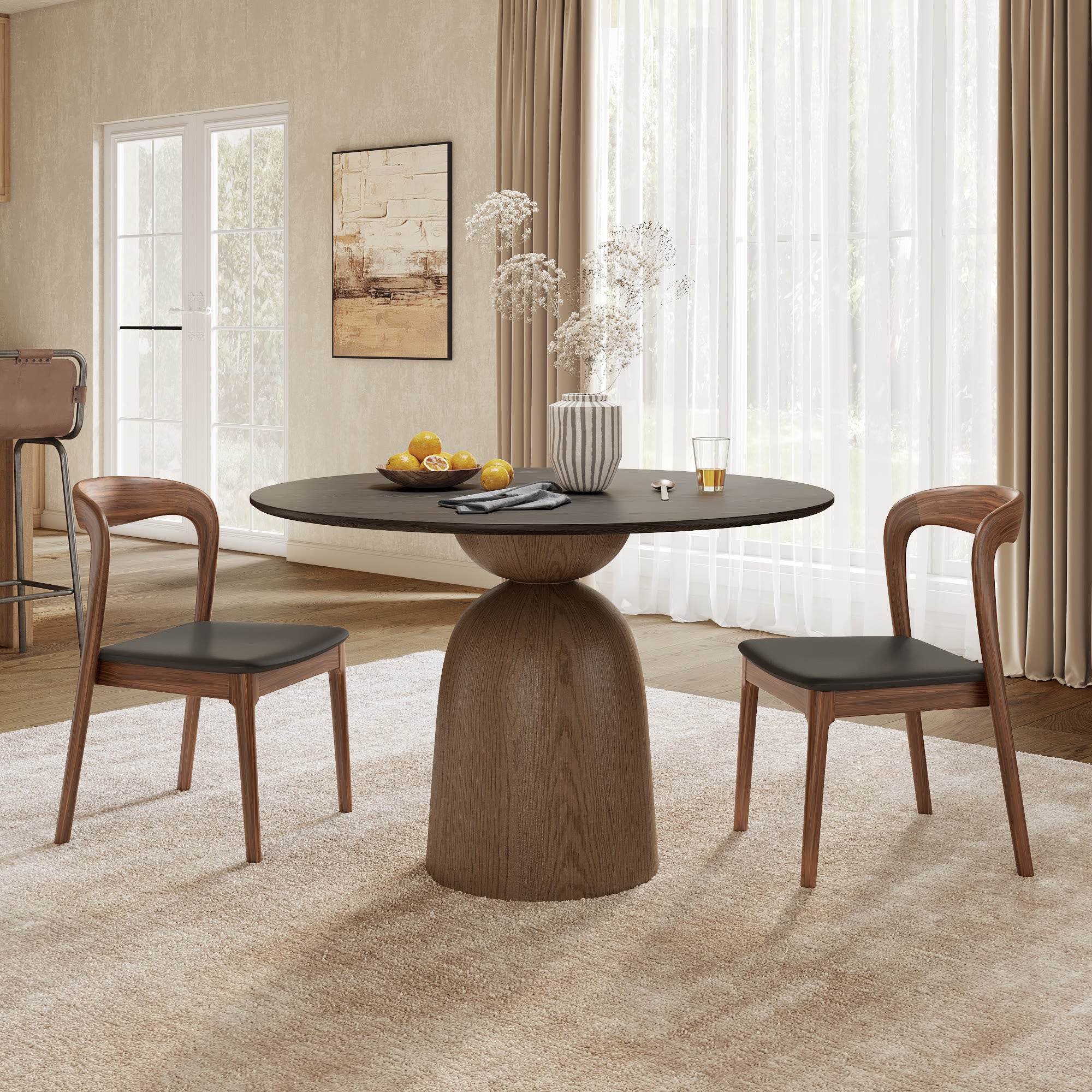 Soluna Dark Walnut Solid Wood Pedestal Round Dining Table with Black Wood Top - image 4
