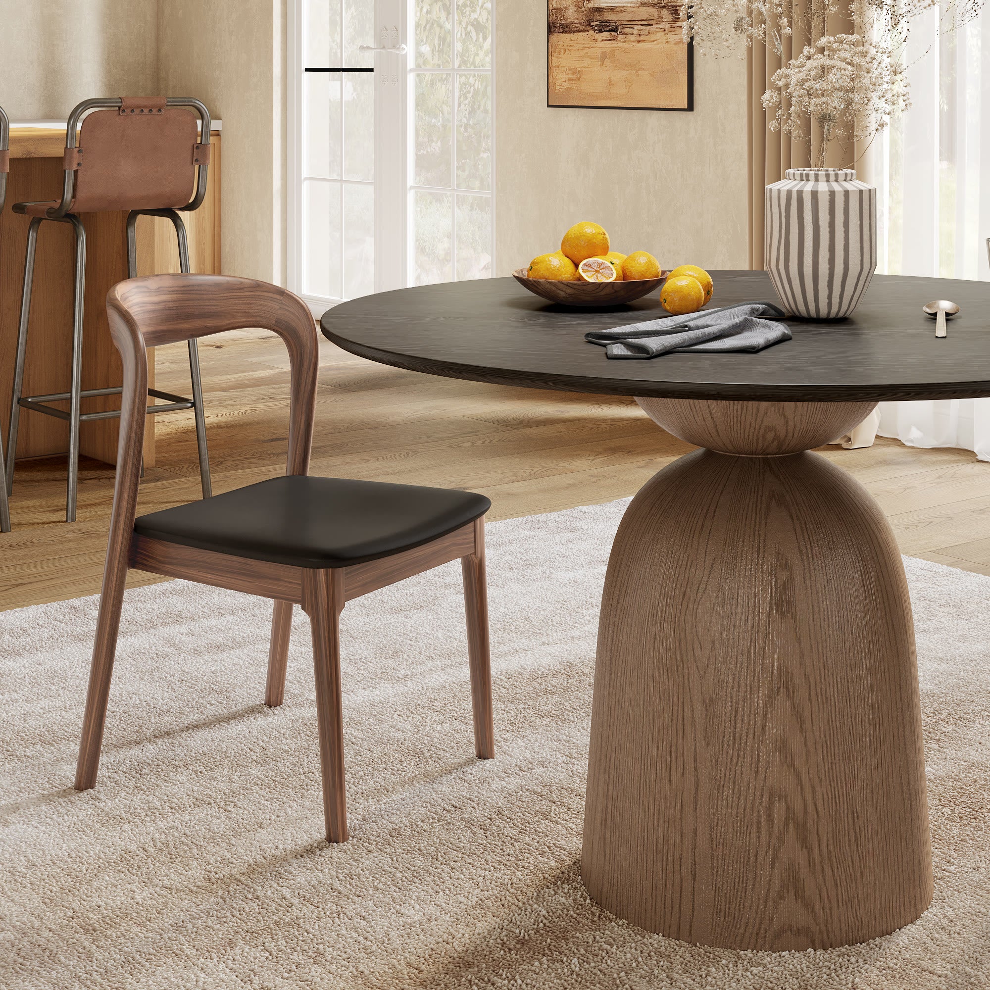 Soluna Dark Walnut Solid Wood Pedestal Round Dining Table with Black Wood Top - image 2