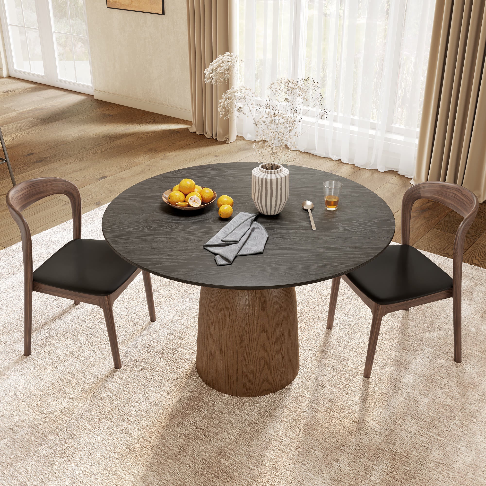 Soluna Dark Walnut Solid Wood Pedestal Round Dining Table with Black Wood Top - image 3