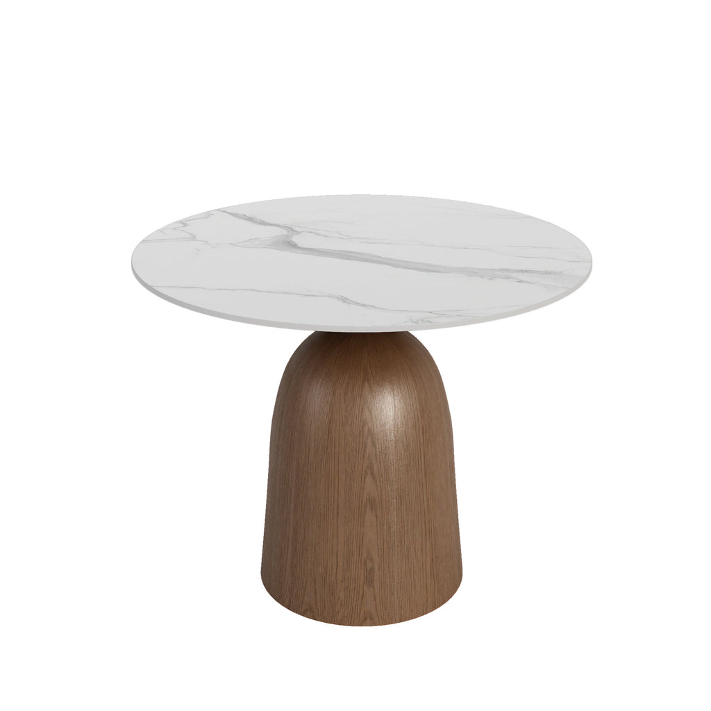 Soluna Dark Walnut Solid Wood Pedestal Round Dining Table with Snow White Stone Top - image 1