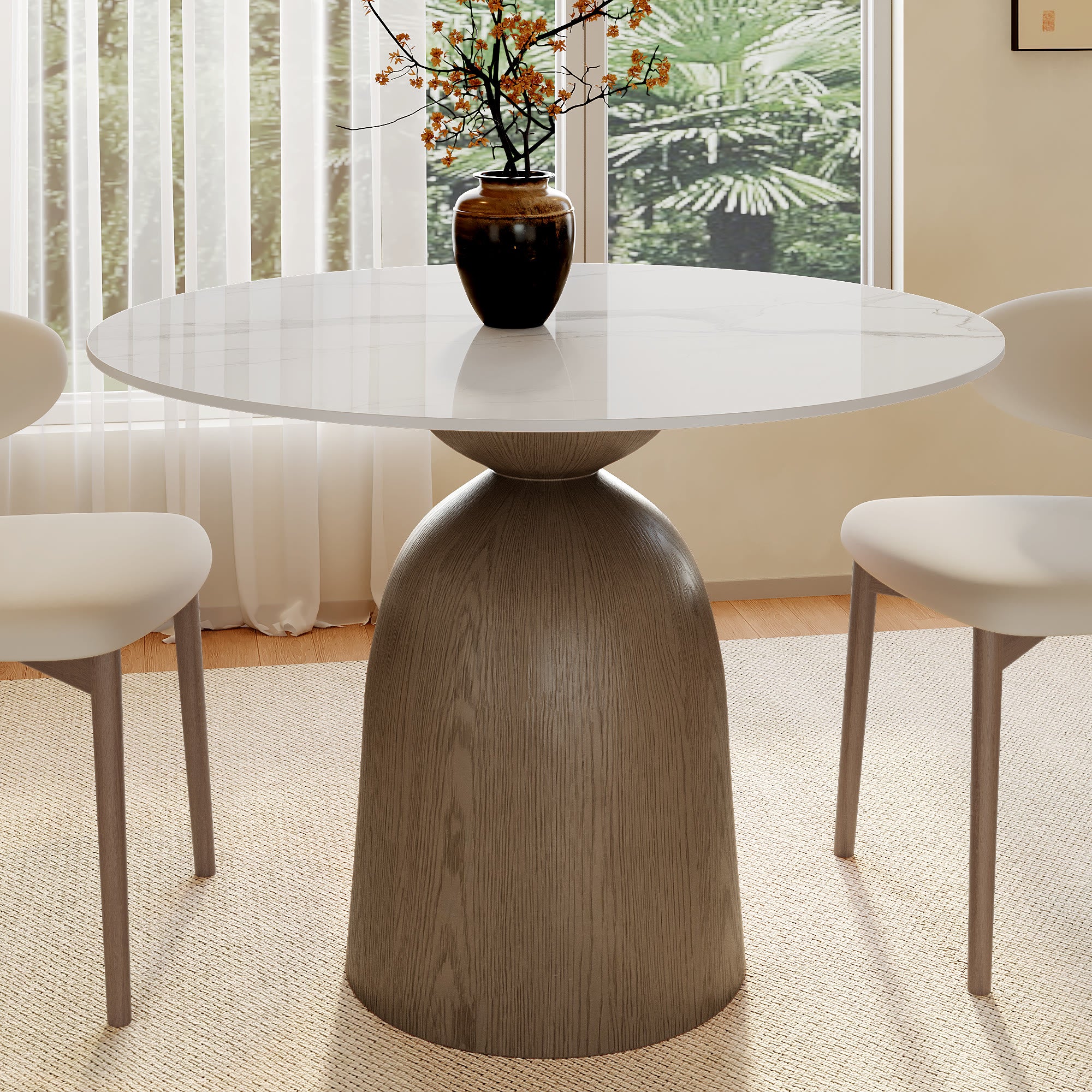 Soluna Dark Walnut Solid Wood Pedestal Round Dining Table with Snow White Stone Top - 43.31'' W X 43.31'' D X 29.53'' H - image 0
