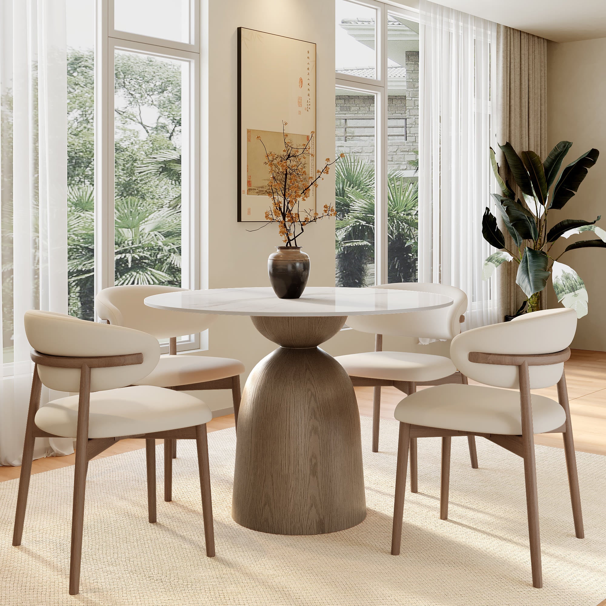 Soluna Dark Walnut Solid Wood Pedestal Round Dining Table with Snow White Stone Top - image 3