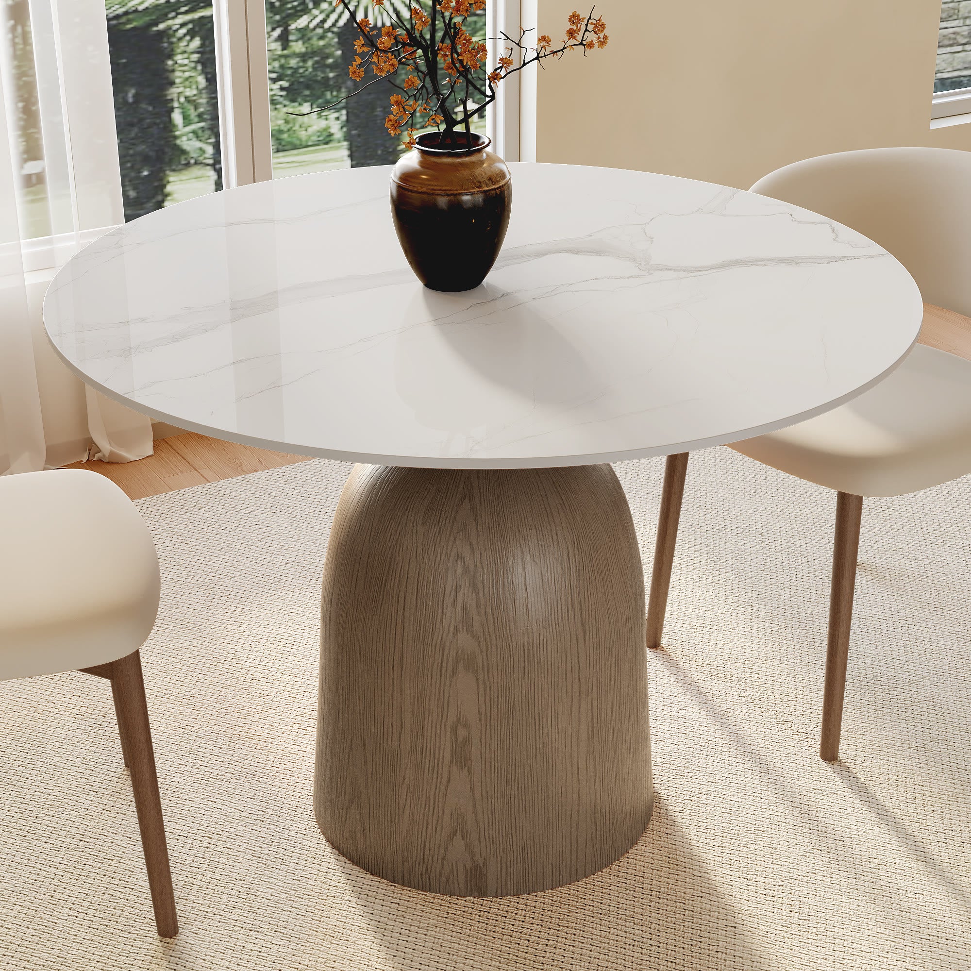 Soluna Dark Walnut Solid Wood Pedestal Round Dining Table with Snow White Stone Top - image 4
