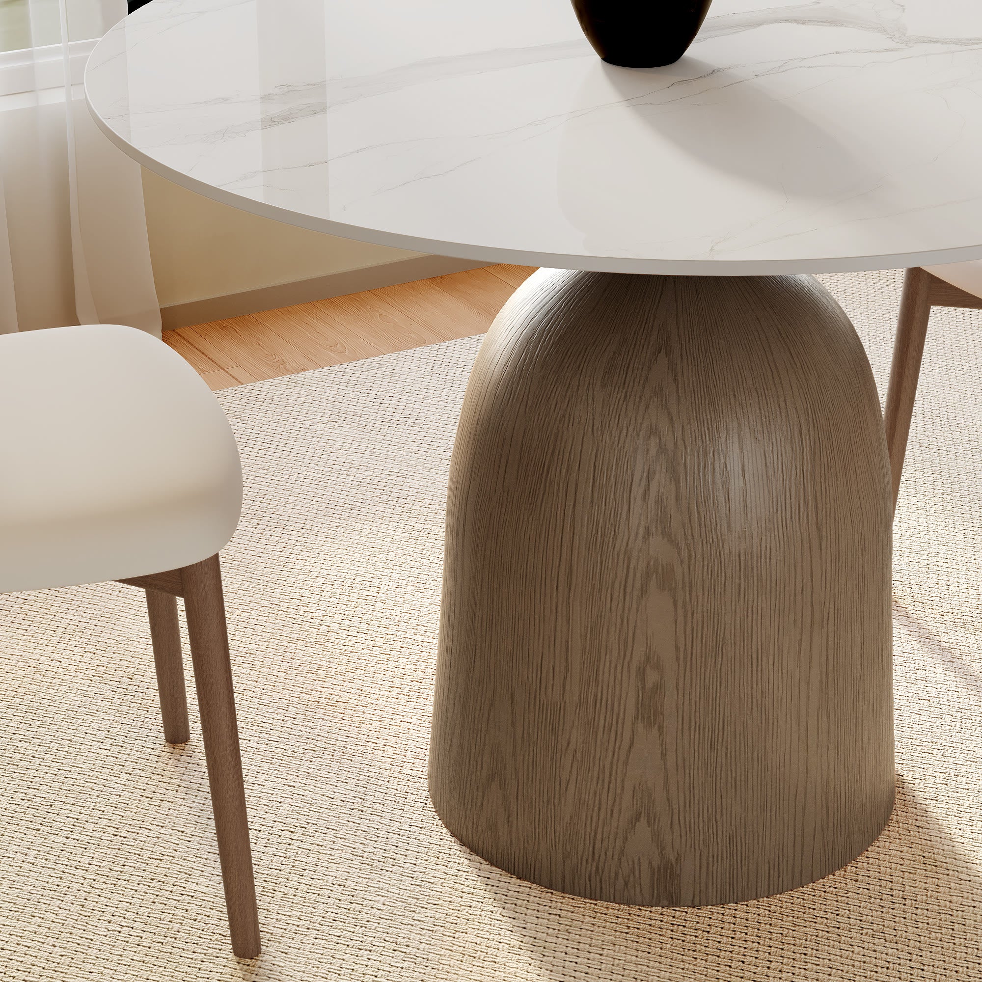 Soluna Dark Walnut Solid Wood Pedestal Round Dining Table with Snow White Stone Top - image 2