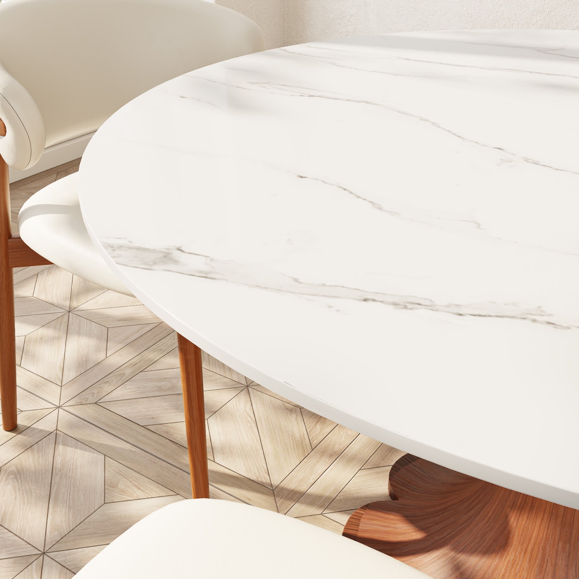 Liora Walnut Solid Wood Pedestal Round Dining Table with Snow White Stone Top - image 2