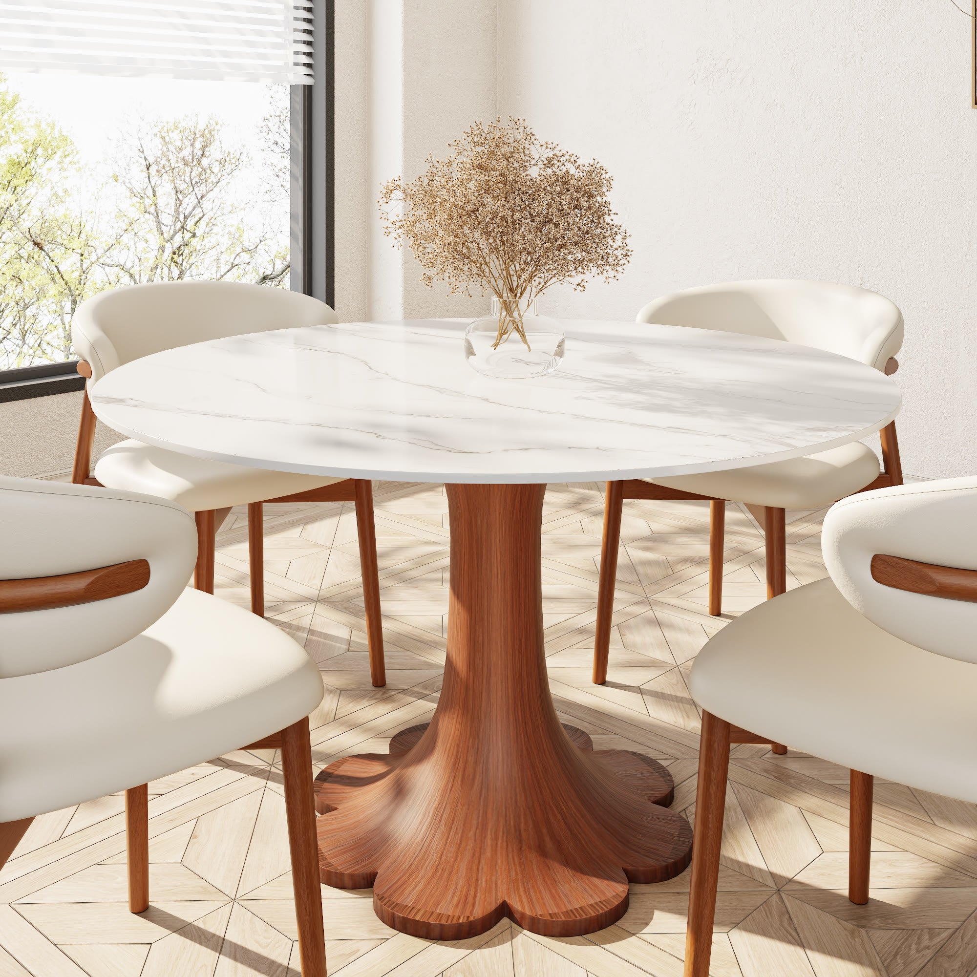 Liora Walnut Solid Wood Pedestal Round Dining Table with Snow White Stone Top - 43.31'' W X 43.31'' D X 29.53'' H - image 0