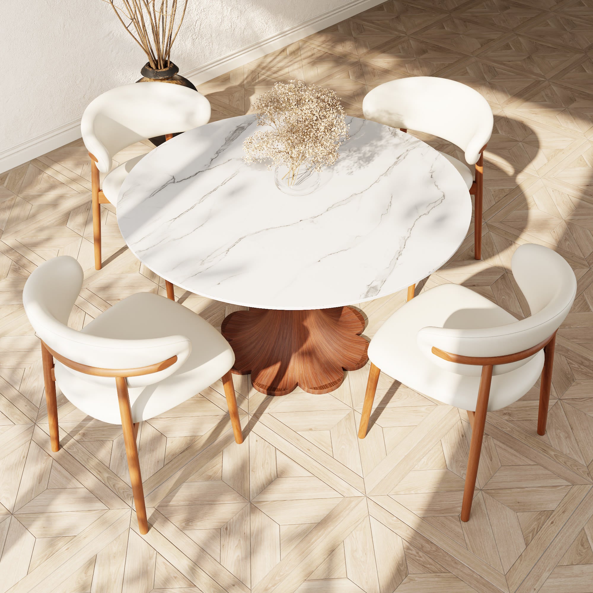 Liora Walnut Solid Wood Pedestal Round Dining Table with Snow White Stone Top - image 3