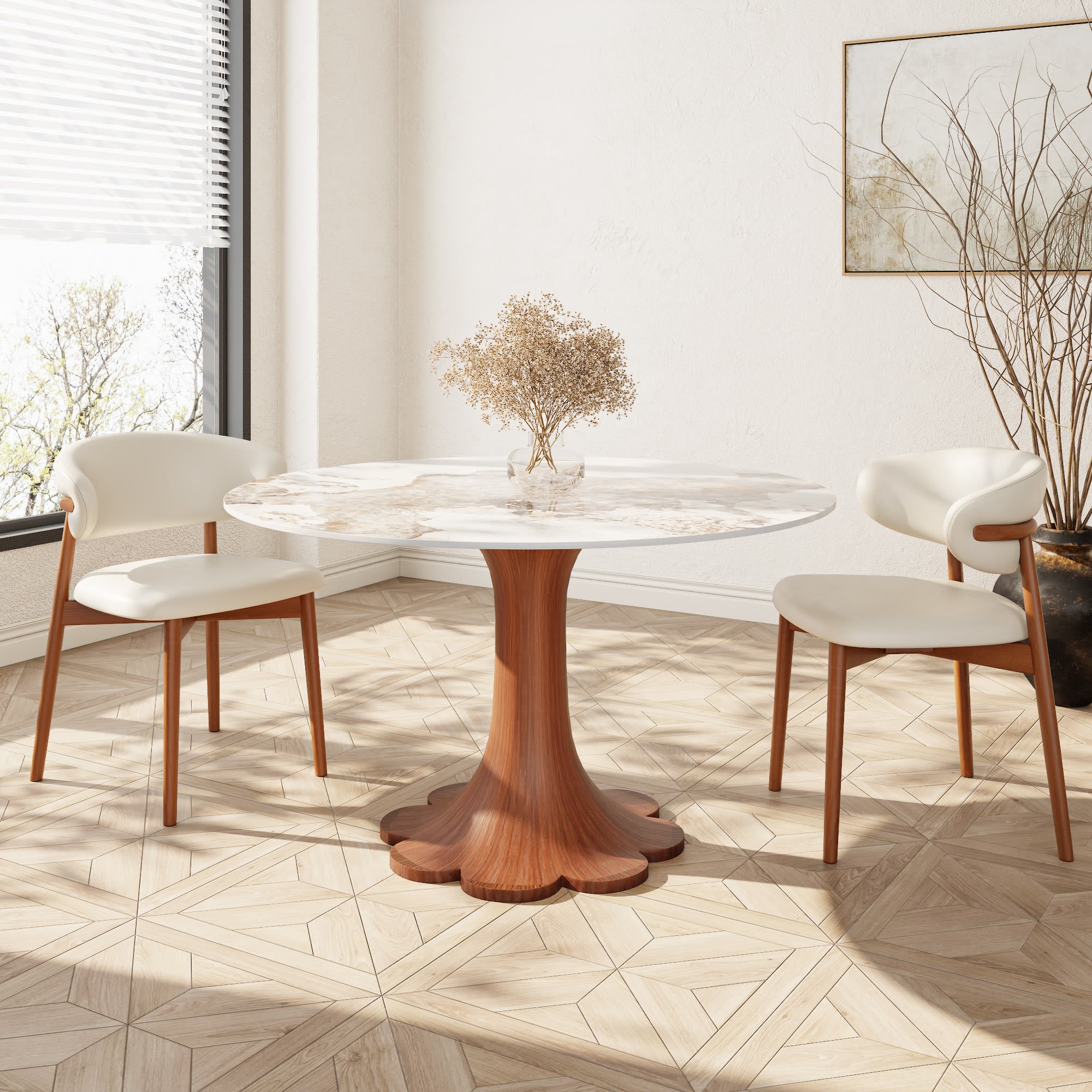 Liora Walnut Solid Wood Pedestal Round Dining Table with Pandora Stone Top - image 3