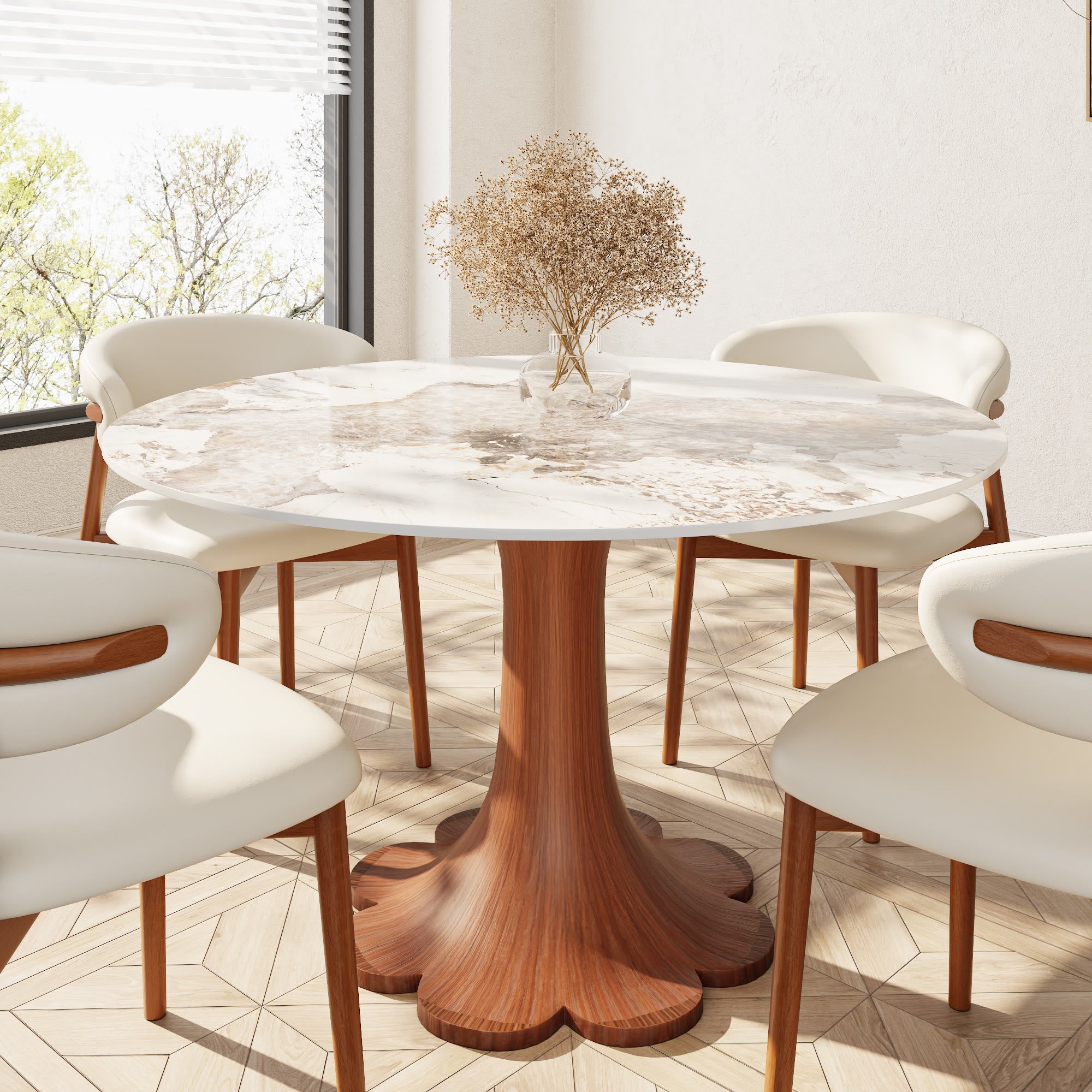 Liora Walnut Solid Wood Pedestal Round Dining Table with Pandora Stone Top - 43.31'' W X 43.31'' D X 29.53'' H - image 0