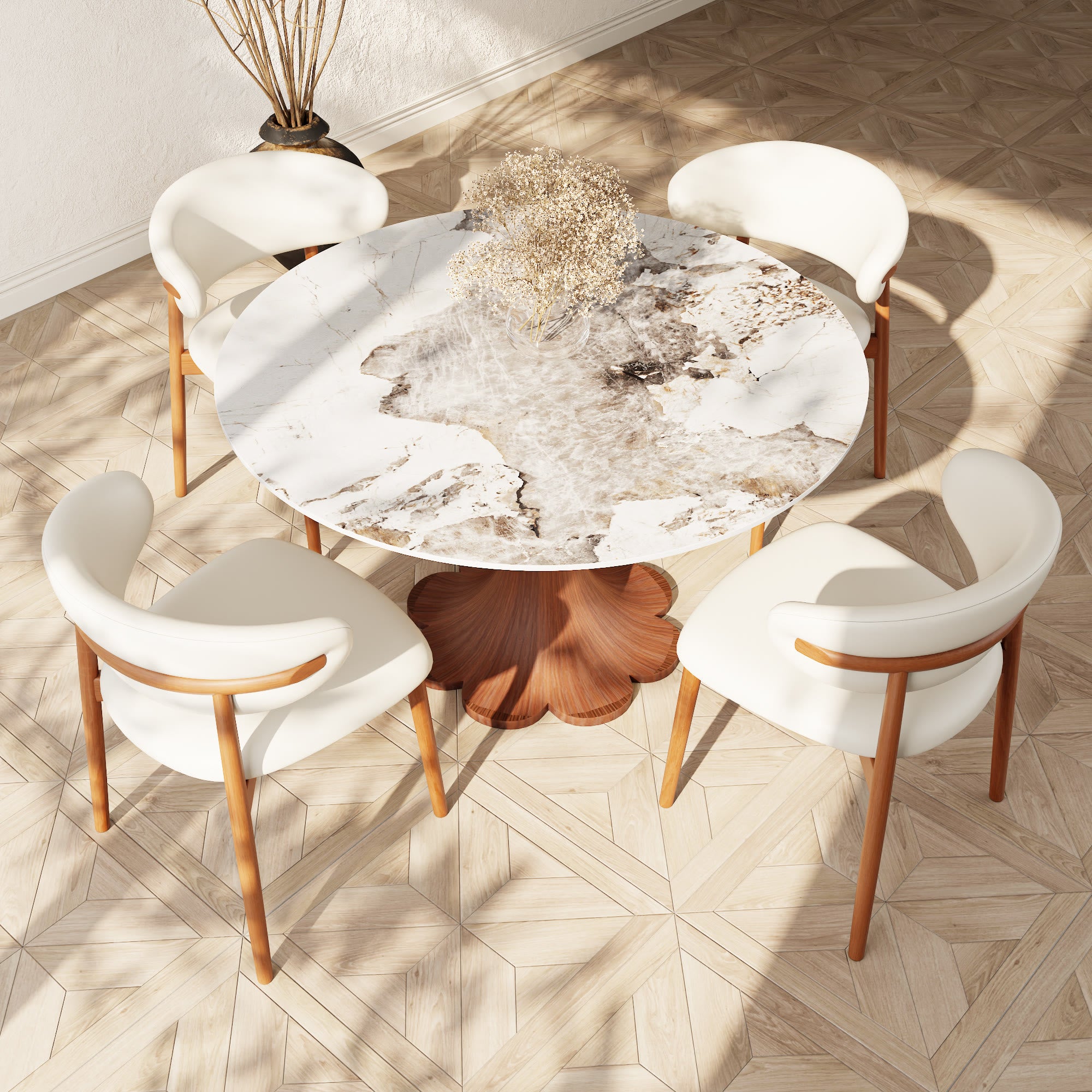 Liora Walnut Solid Wood Pedestal Round Dining Table with Pandora Stone Top - image 4