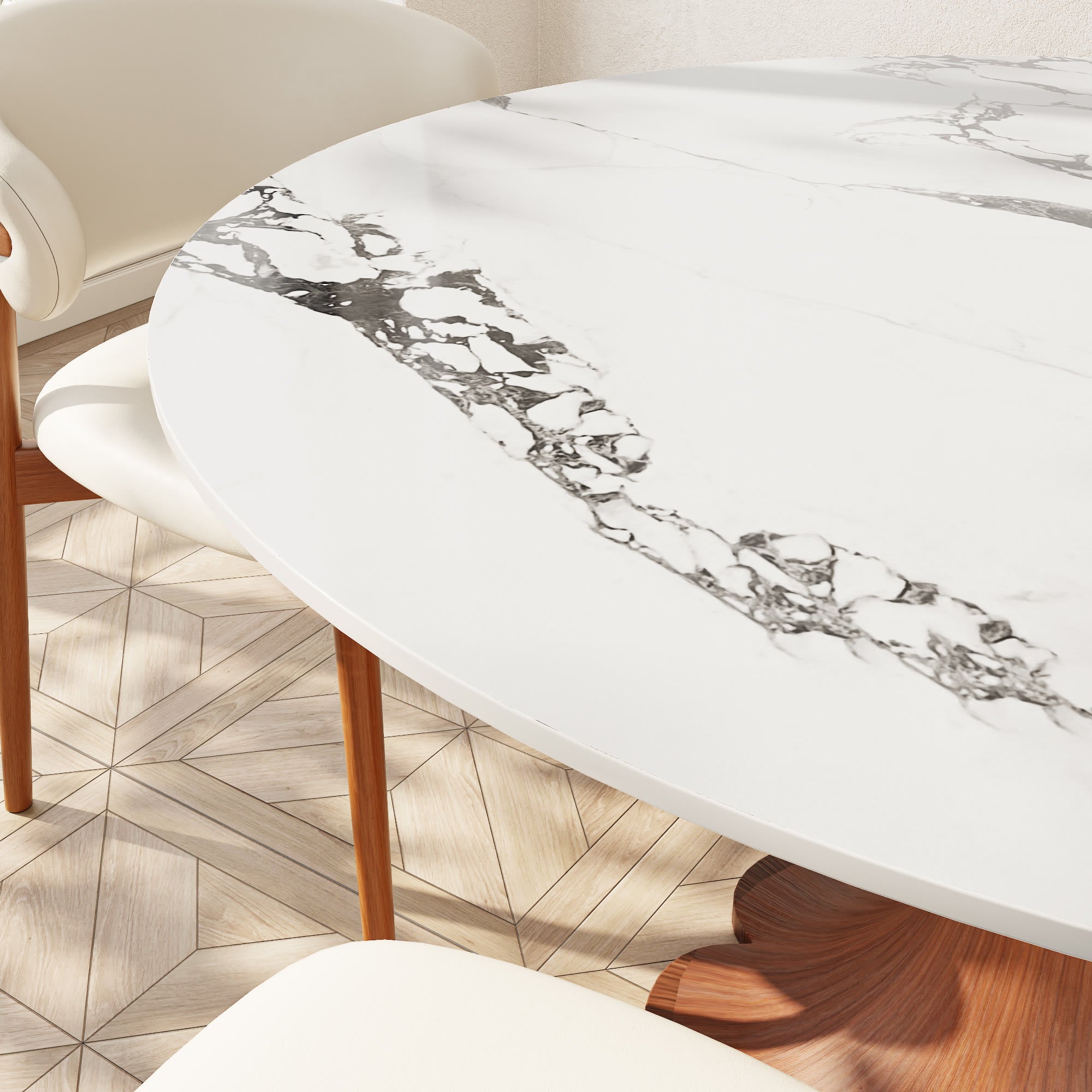 Liora Walnut Solid Wood Pedestal Round Dining Table with Ink-Veined Stone Top - image 2