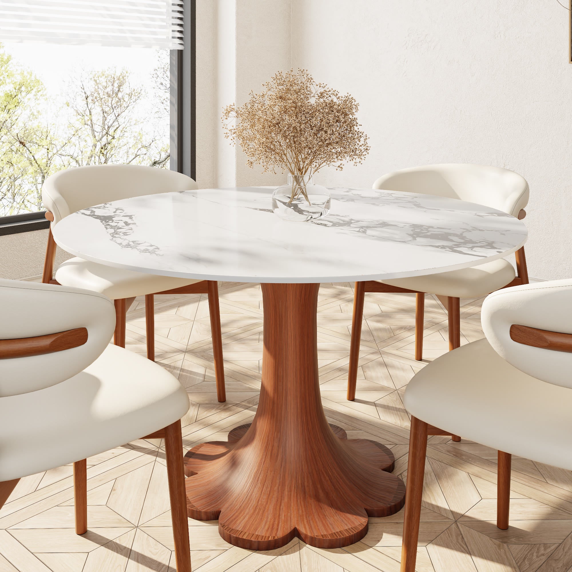 Liora Walnut Solid Wood Pedestal Round Dining Table with Ink-Veined Stone Top - 43.31'' W X 43.31'' D X 29.53'' H - image 0
