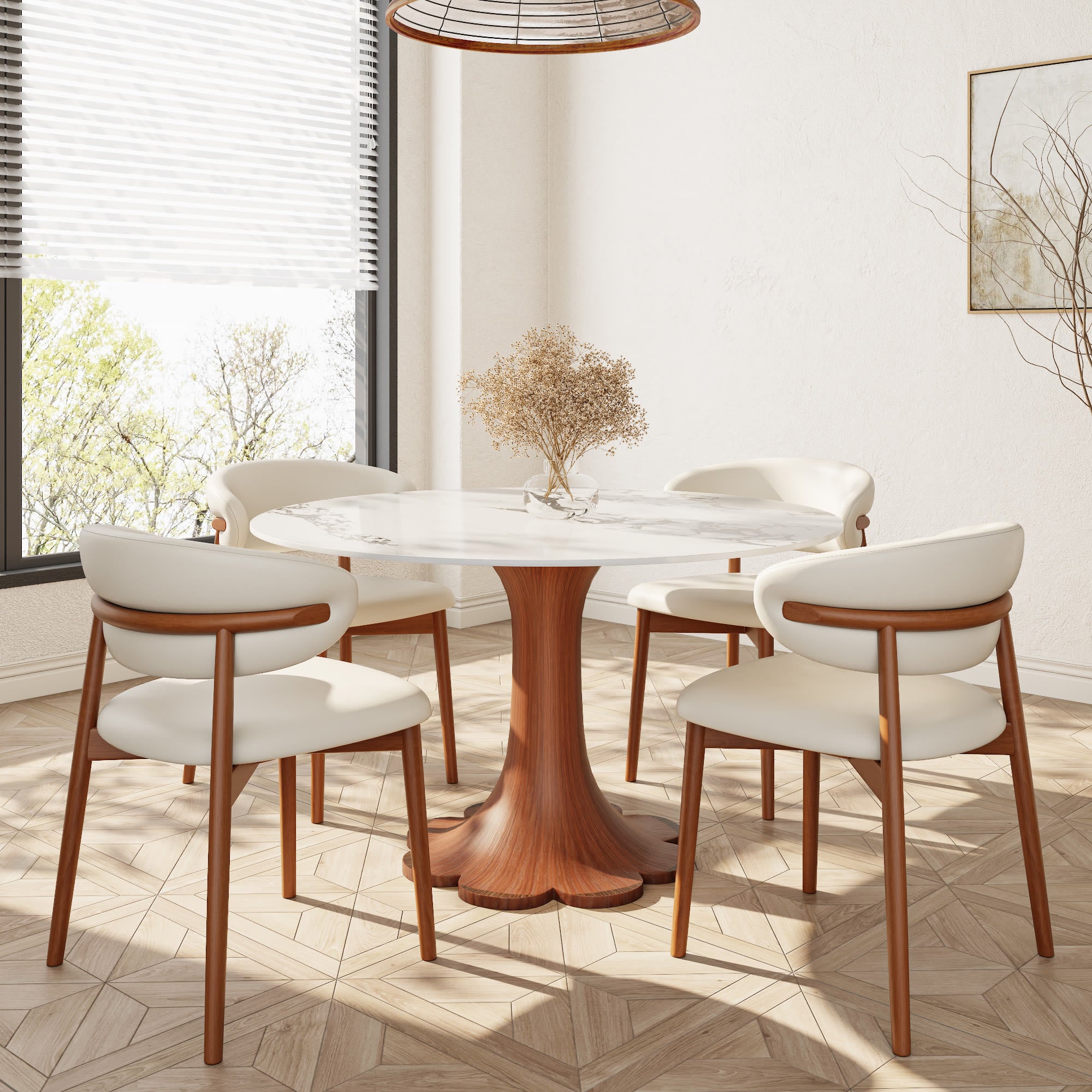 Liora Walnut Solid Wood Pedestal Round Dining Table with Ink-Veined Stone Top - image 3