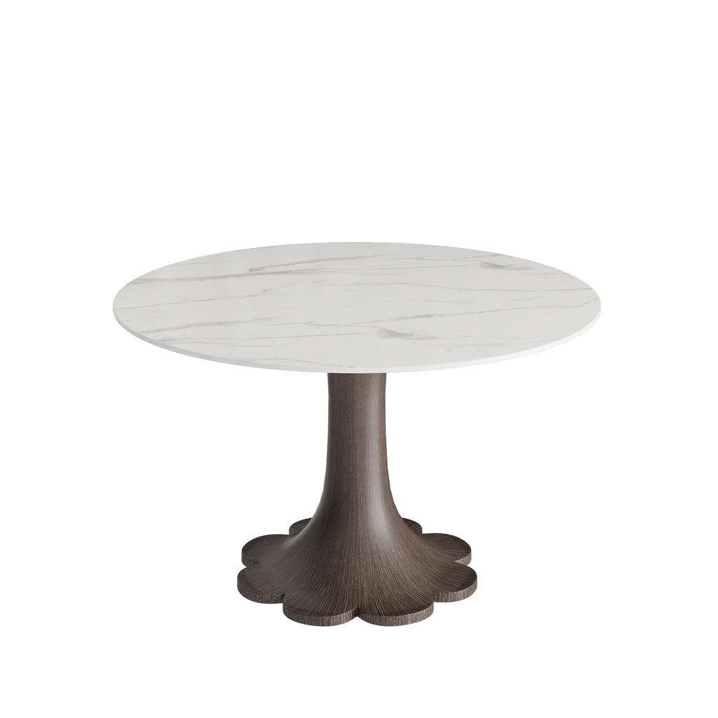 Liora Dark Walnut Solid Wood Pedestal Round Dining Table with Snow White Stone Top - image 1