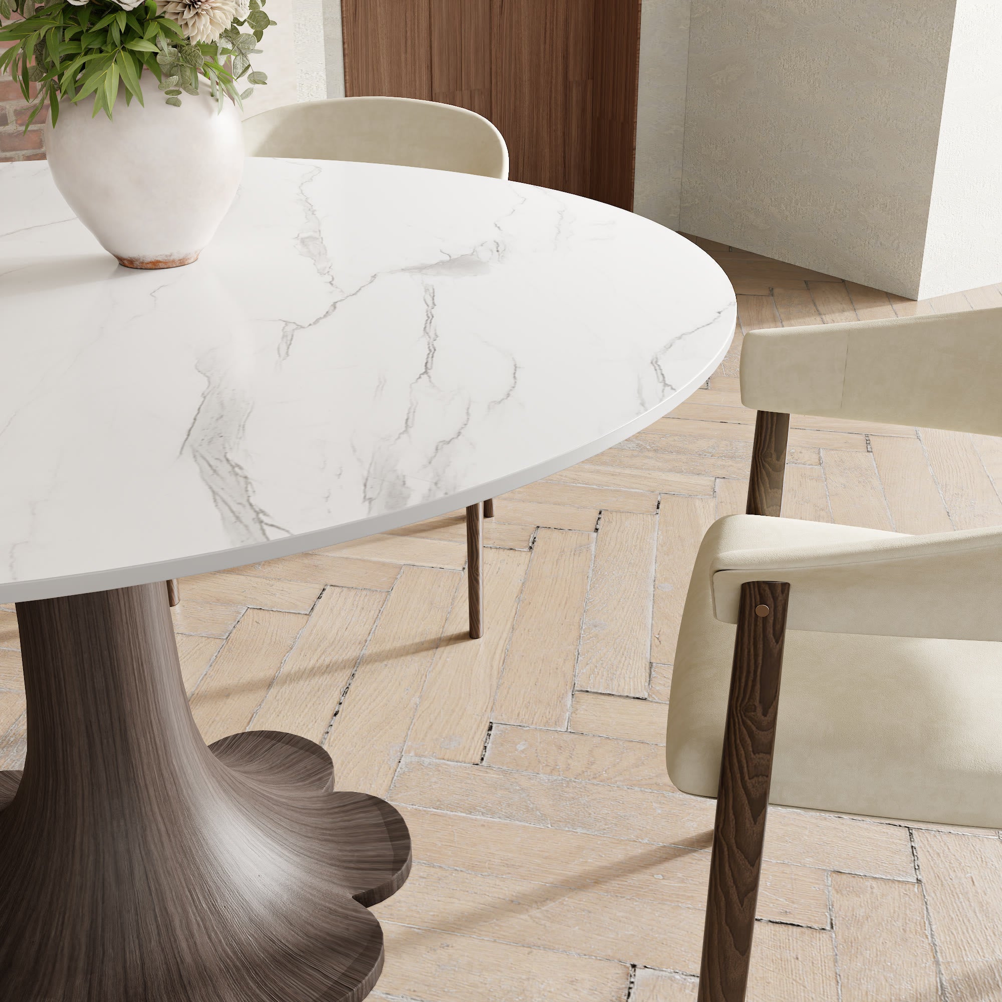 Liora Dark Walnut Solid Wood Pedestal Round Dining Table with Snow White Stone Top - image 2