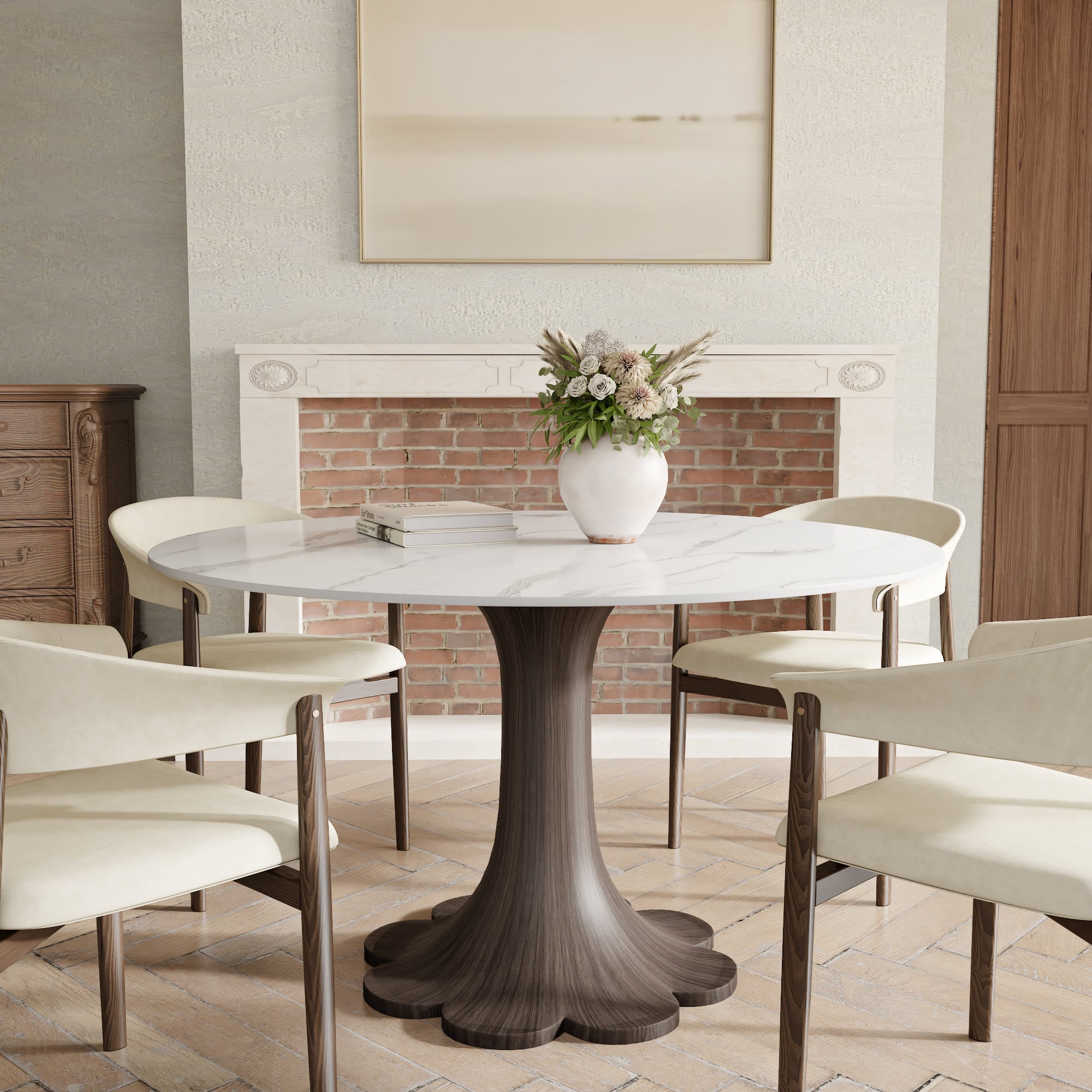 Liora Dark Walnut Solid Wood Pedestal Round Dining Table with Snow White Stone Top - image 3