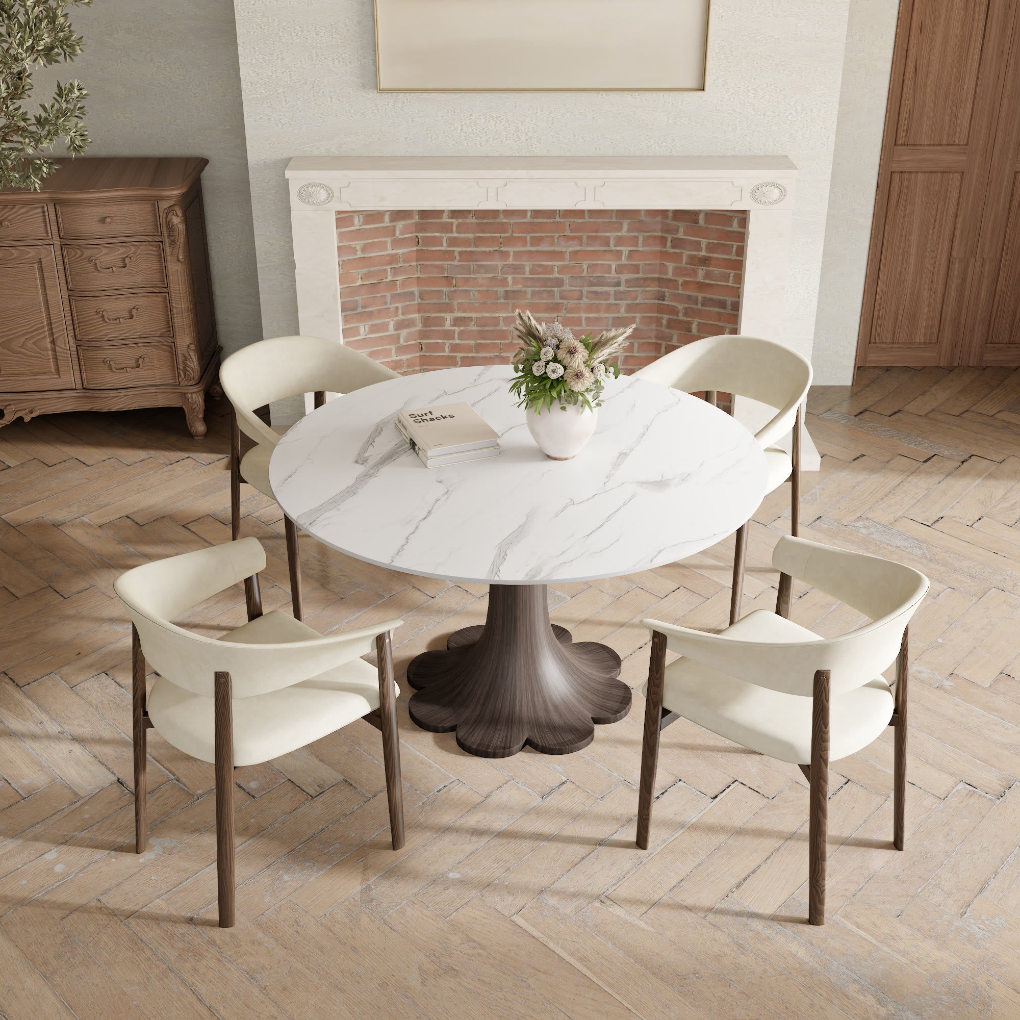 Liora Dark Walnut Solid Wood Pedestal Round Dining Table with Snow White Stone Top - image 4