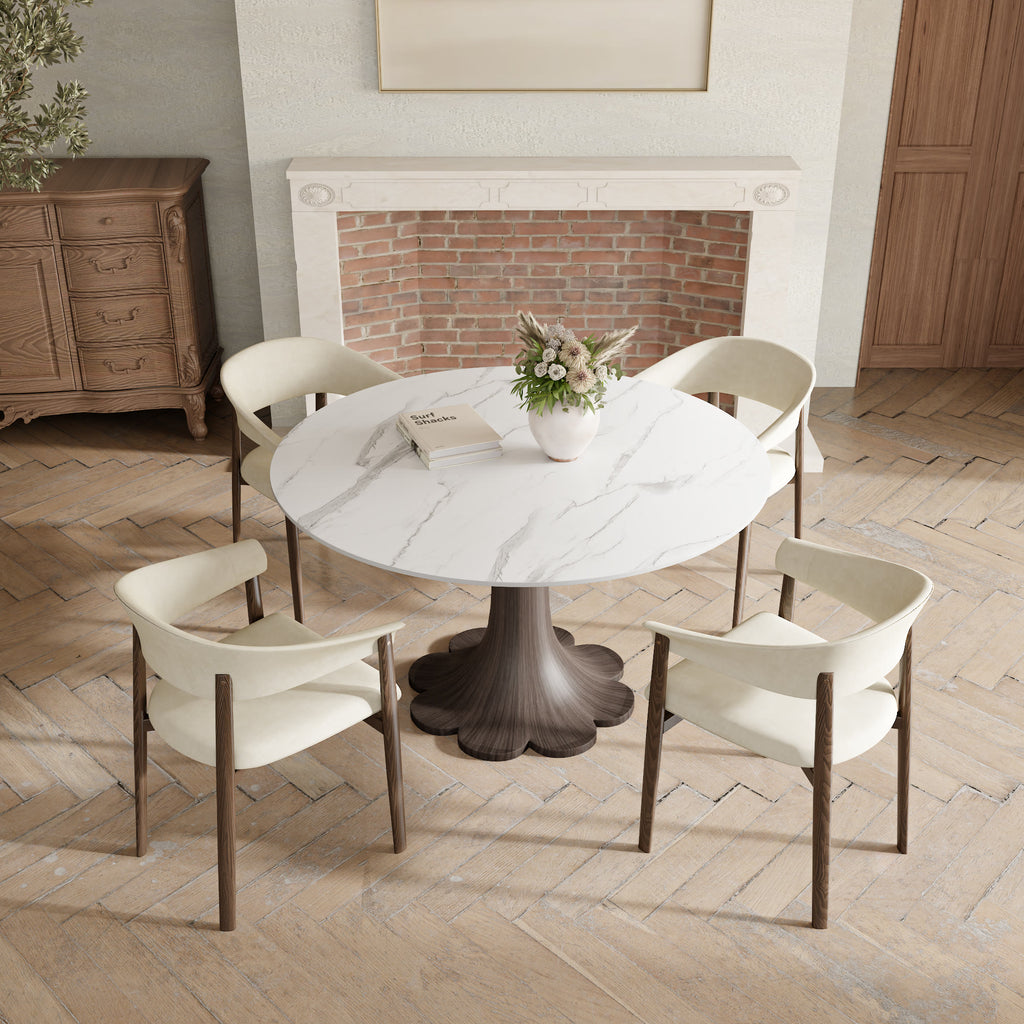 Liora Dark Walnut Solid Wood Pedestal Round Dining Table with Snow White Stone Top - image 4
