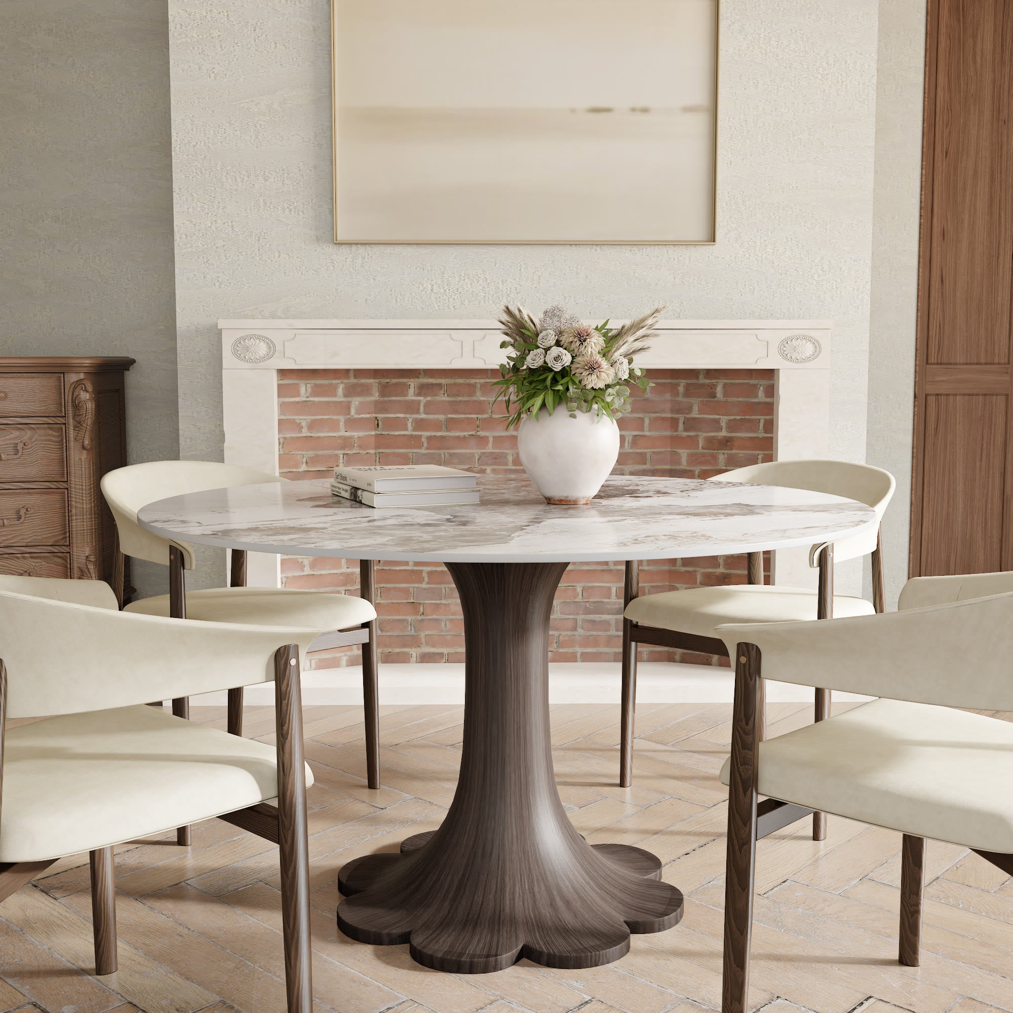 Liora Dark Walnut Solid Wood Pedestal Round Dining Table with Pandora Stone Top - 43.31'' W X 43.31'' D X 29.53'' H - image 0