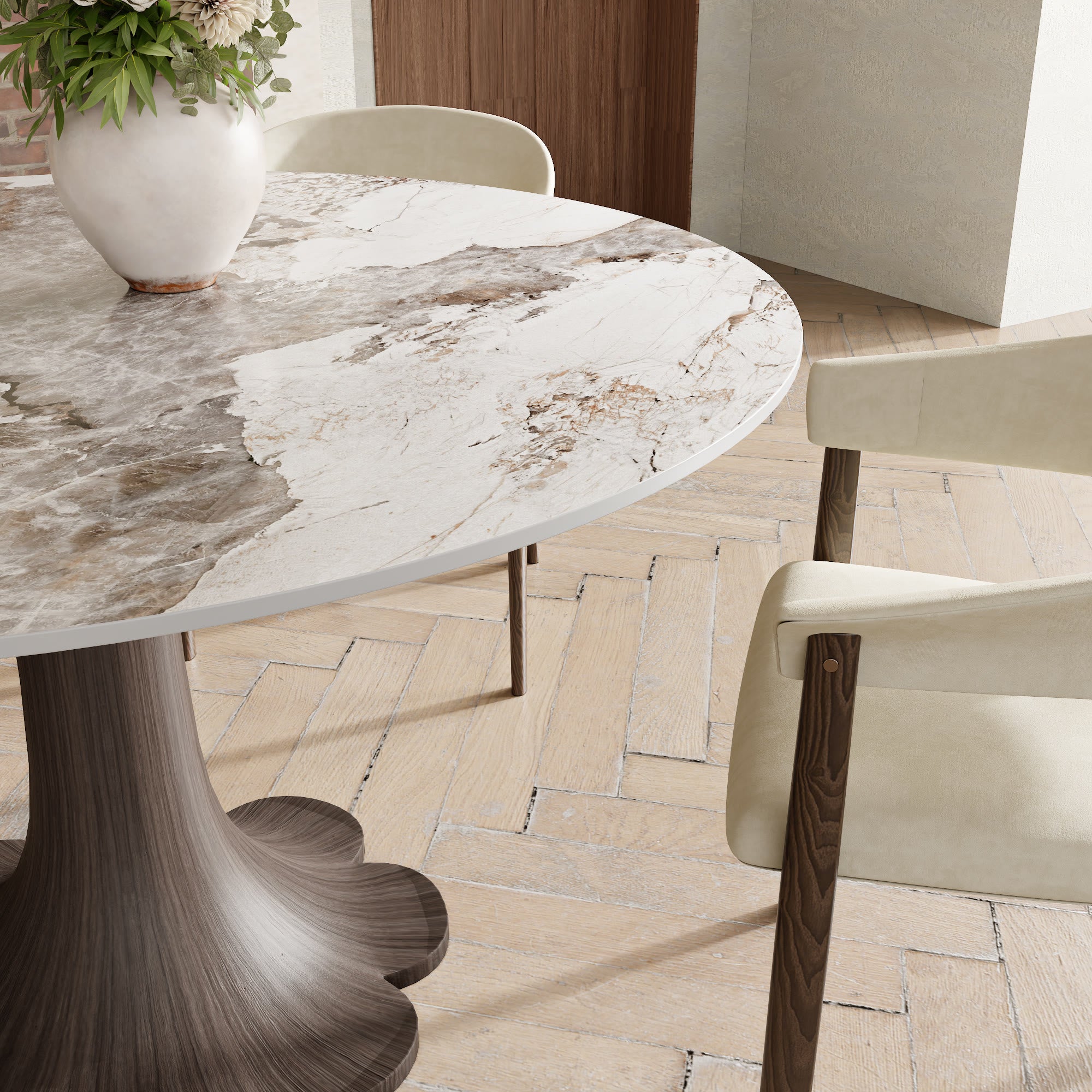 Liora Dark Walnut Solid Wood Pedestal Round Dining Table with Pandora Stone Top - image 2