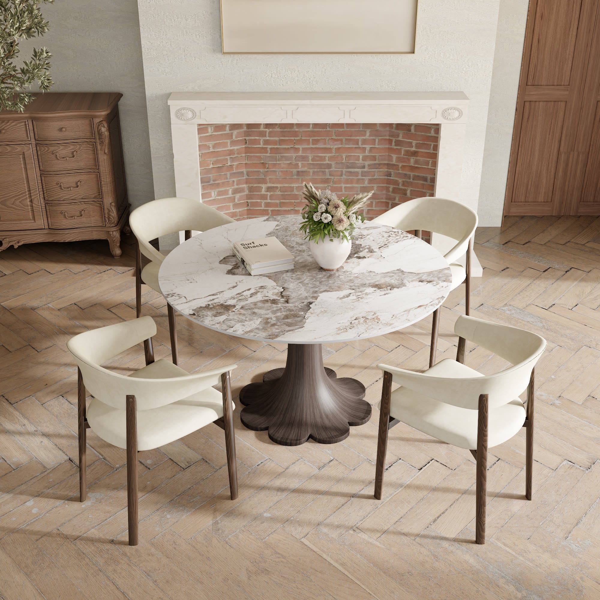 Liora Dark Walnut Solid Wood Pedestal Round Dining Table with Pandora Stone Top - image 5