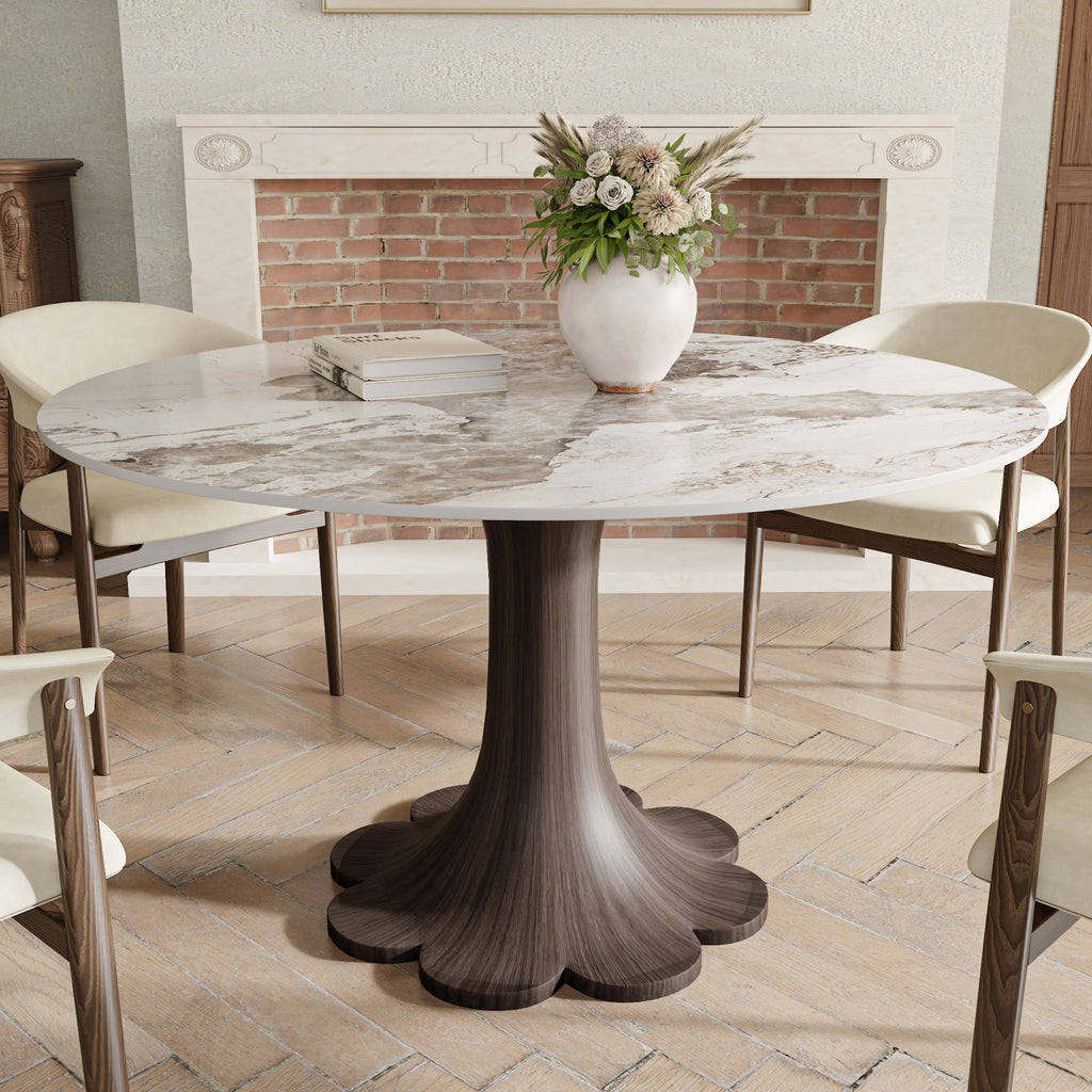 Liora Dark Walnut Solid Wood Pedestal Round Dining Table with Pandora Stone Top - image 3