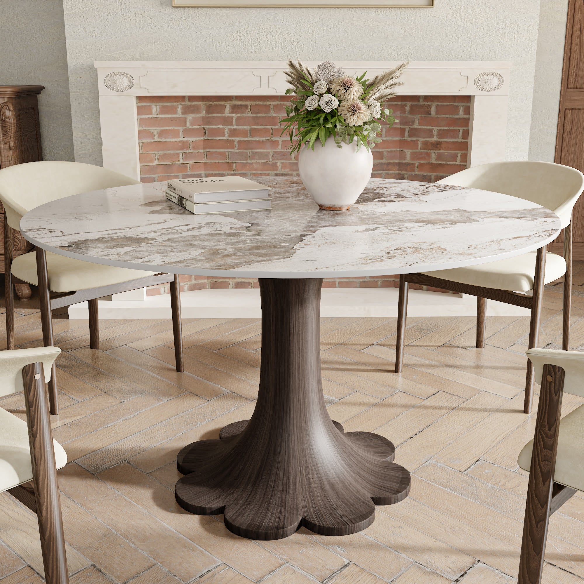 Liora Dark Walnut Solid Wood Pedestal Round Dining Table with Pandora Stone Top - image 3