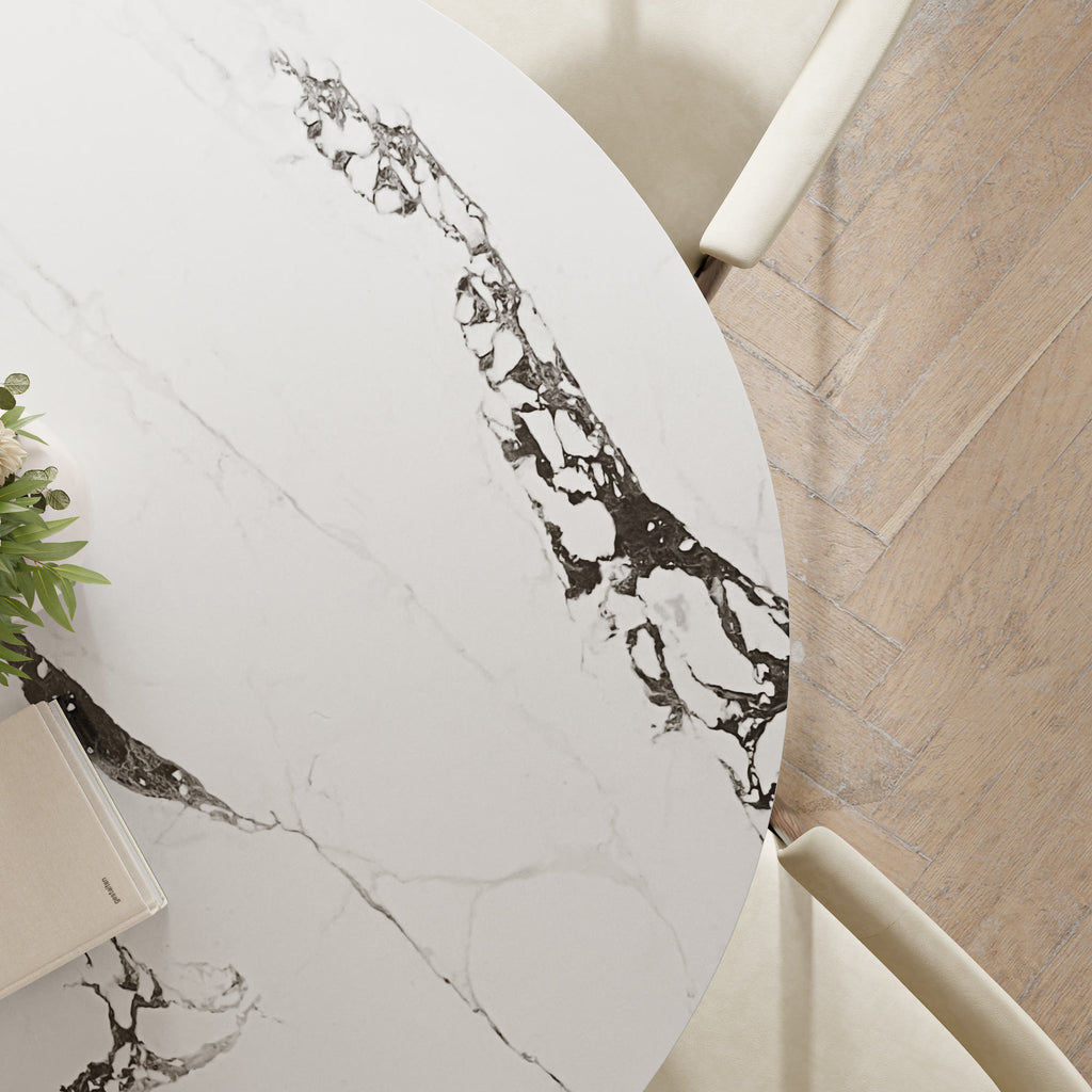 Liora Dark Walnut Solid Wood Pedestal Round Dining Table with Ink-Veined Stone Top - image 7