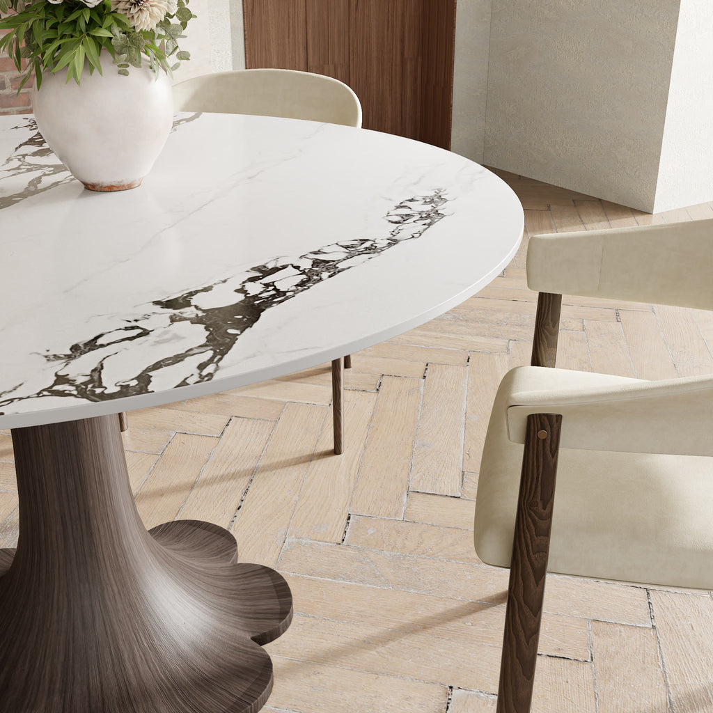 Liora Dark Walnut Solid Wood Pedestal Round Dining Table with Ink-Veined Stone Top - image 2