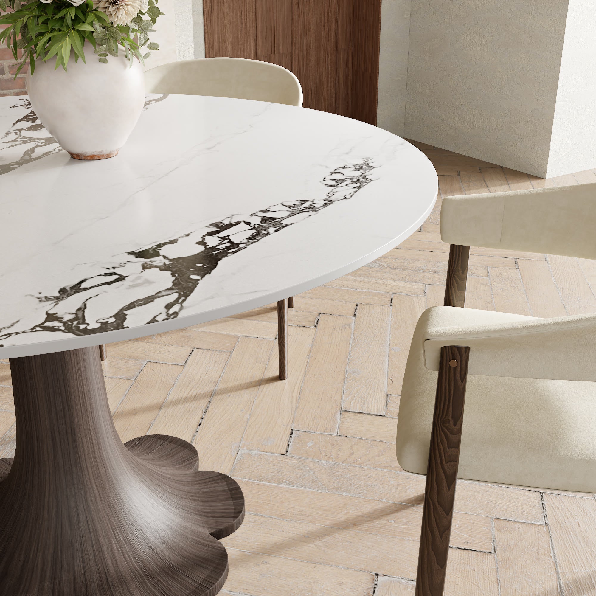 Liora Dark Walnut Solid Wood Pedestal Round Dining Table with Ink-Veined Stone Top - image 2