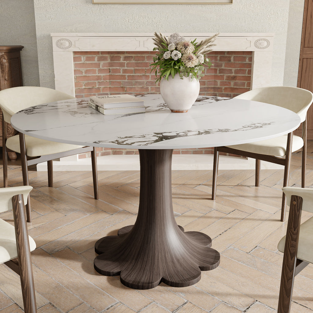 Liora Dark Walnut Solid Wood Pedestal Round Dining Table with Ink-Veined Stone Top - image 3