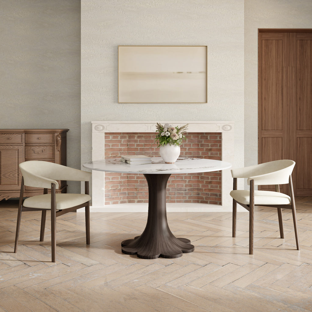 Liora Dark Walnut Solid Wood Pedestal Round Dining Table with Ink-Veined Stone Top - image 4