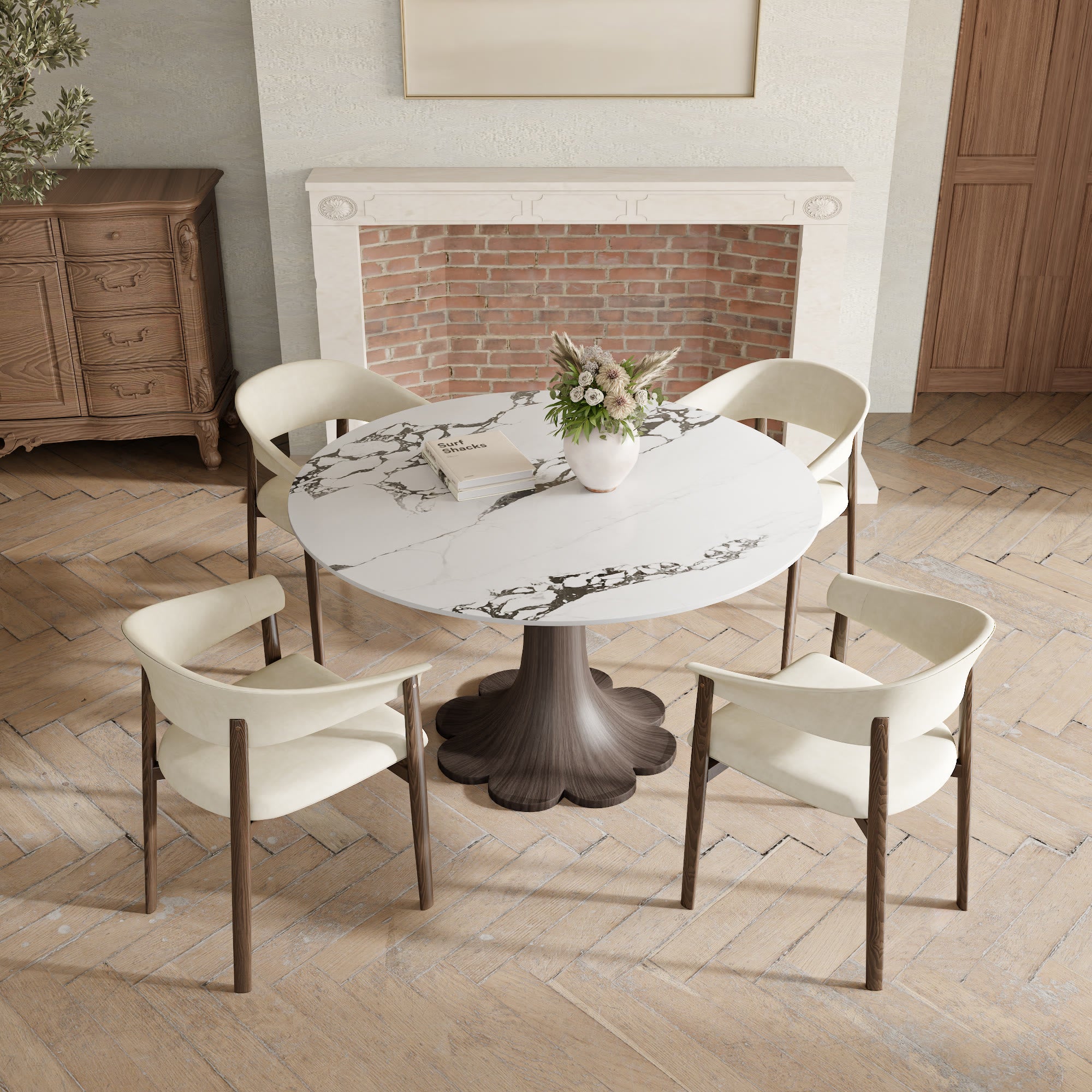 Liora Dark Walnut Solid Wood Pedestal Round Dining Table with Ink-Veined Stone Top - image 5