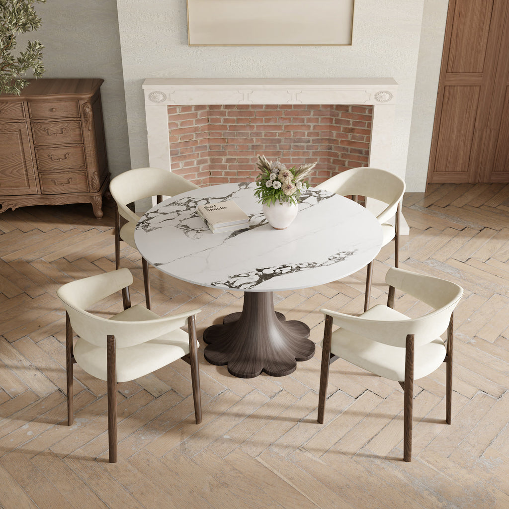 Liora Dark Walnut Solid Wood Pedestal Round Dining Table with Ink-Veined Stone Top - image 5