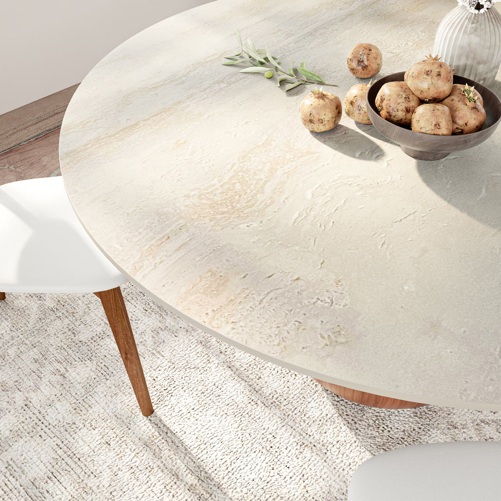 Centria Walnut Solid Wood Pedestal Round Dining Table with Travertine Top - image 2