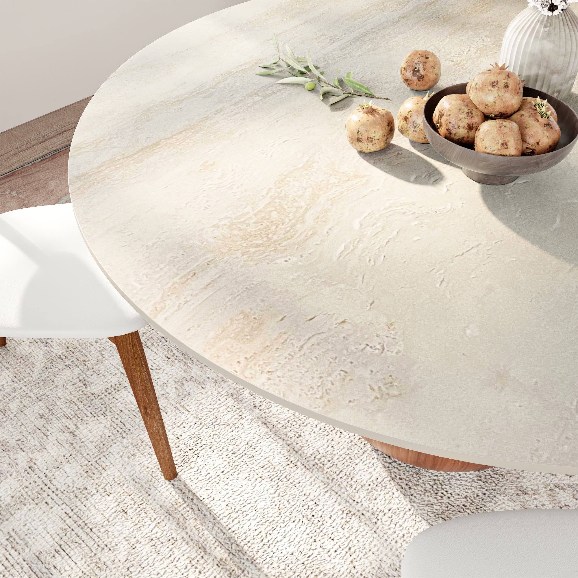 Centria Walnut Solid Wood Pedestal Round Dining Table with Travertine Top - image 2