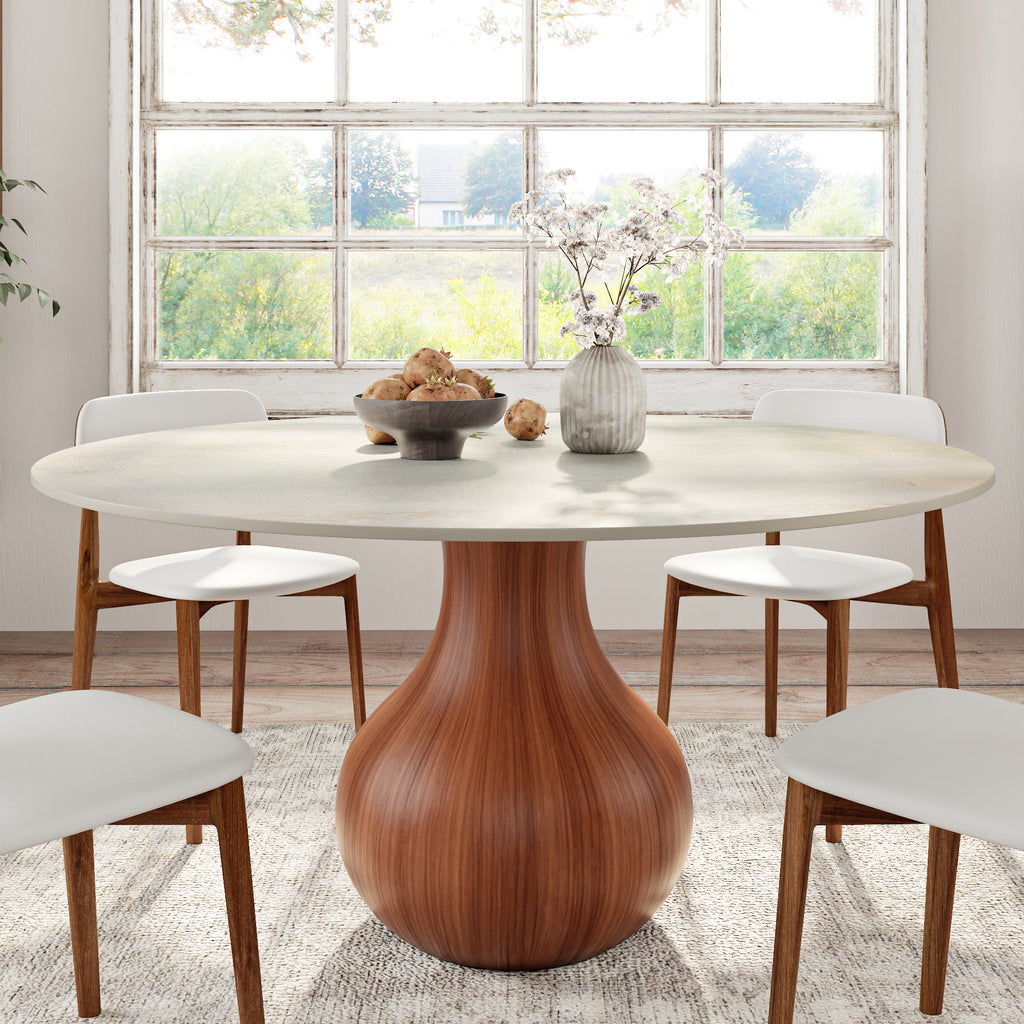 Centria Walnut Solid Wood Pedestal Round Dining Table with Travertine Top - 59.05'' W X 59.05'' D X 29.53'' H - image 0