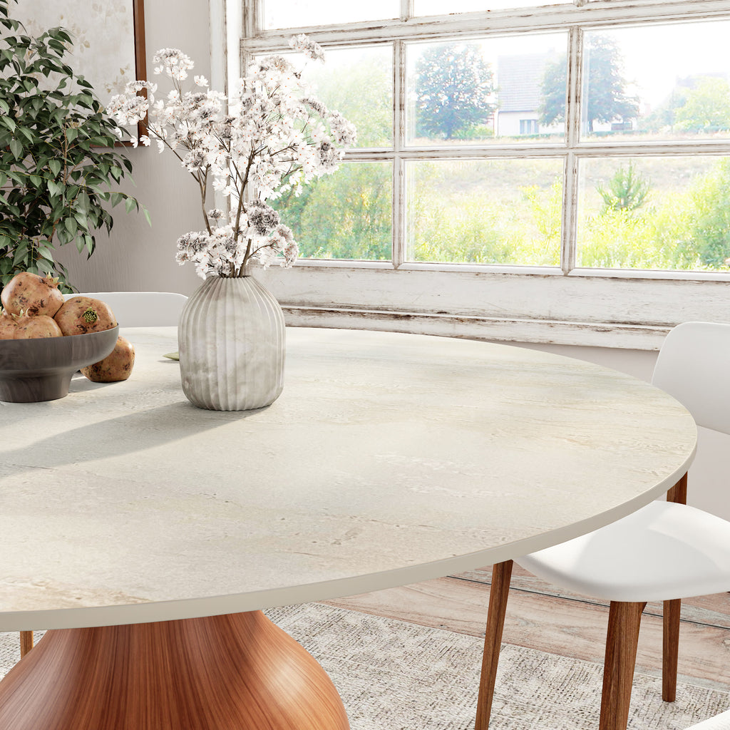 Centria Walnut Solid Wood Pedestal Round Dining Table with Travertine Top - image 3