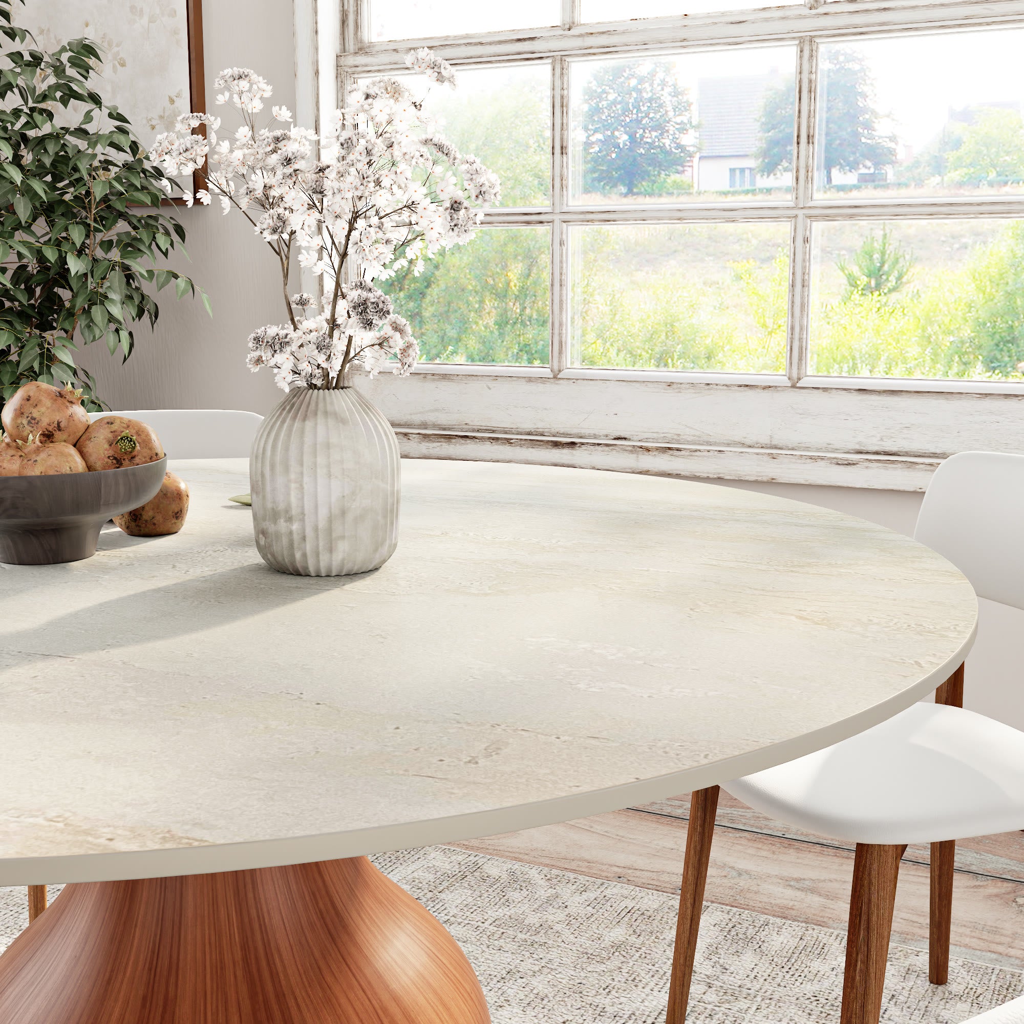 Centria Walnut Solid Wood Pedestal Round Dining Table with Travertine Top - image 3