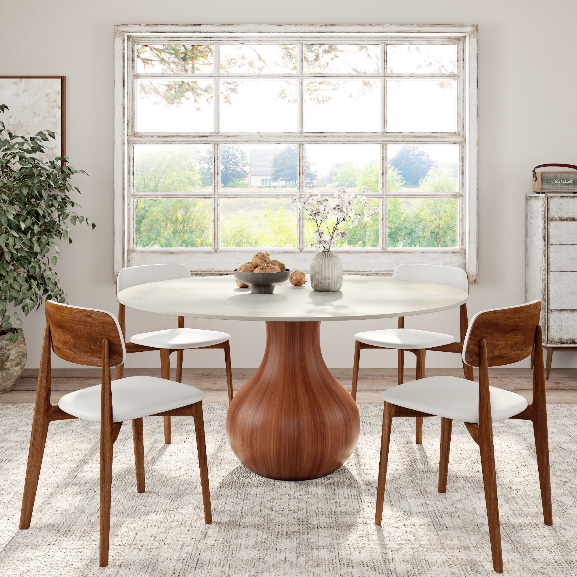 Centria Walnut Solid Wood Pedestal Round Dining Table with Travertine Top - image 4