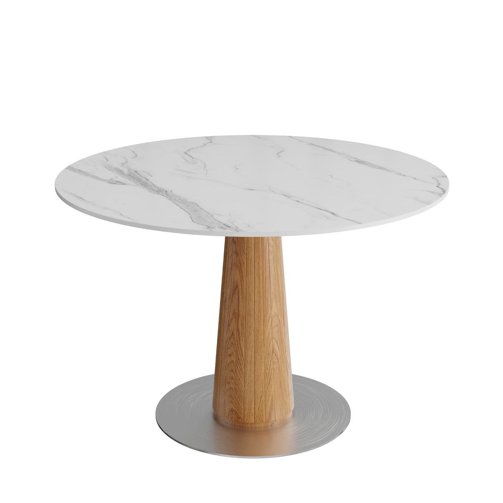 Oak Solid Wood Tapered Pedestal Round Dining Table with Snow White Stone Top - image 1