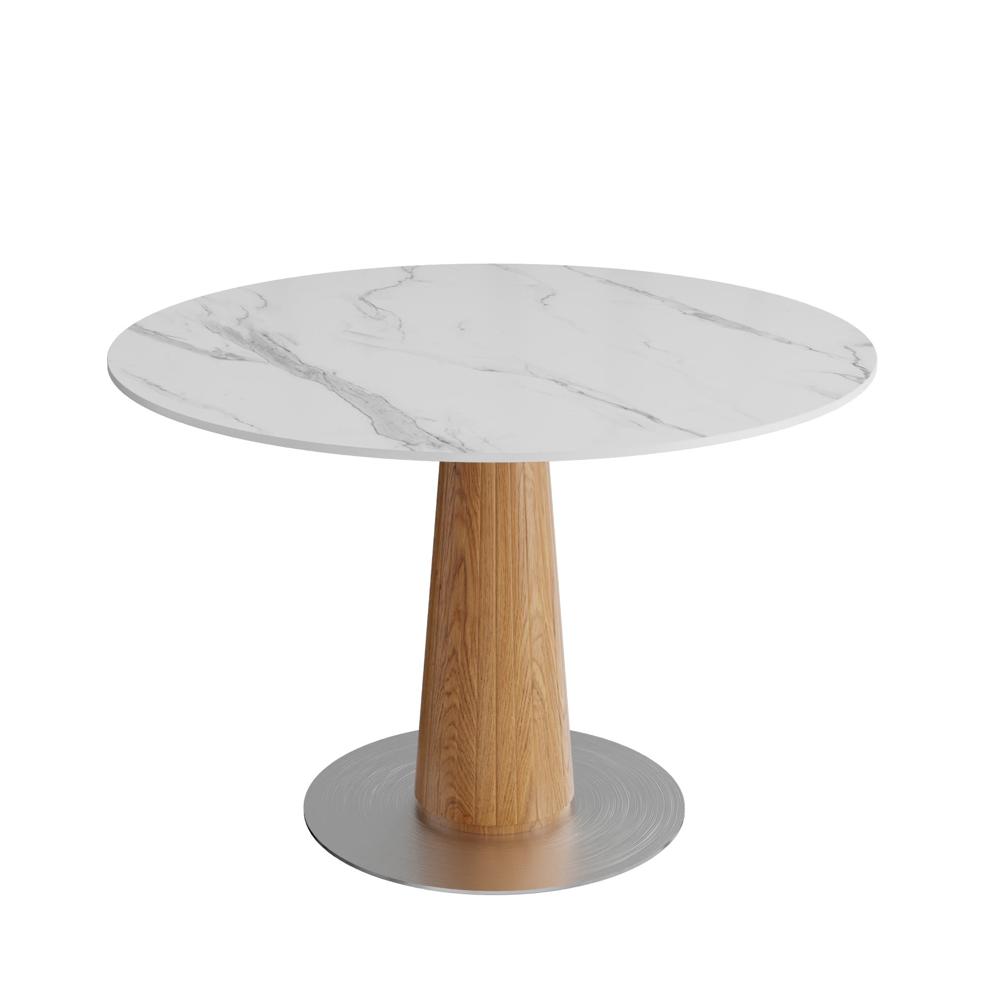 Oak Solid Wood Tapered Pedestal Round Dining Table with Snow White Stone Top - image 1