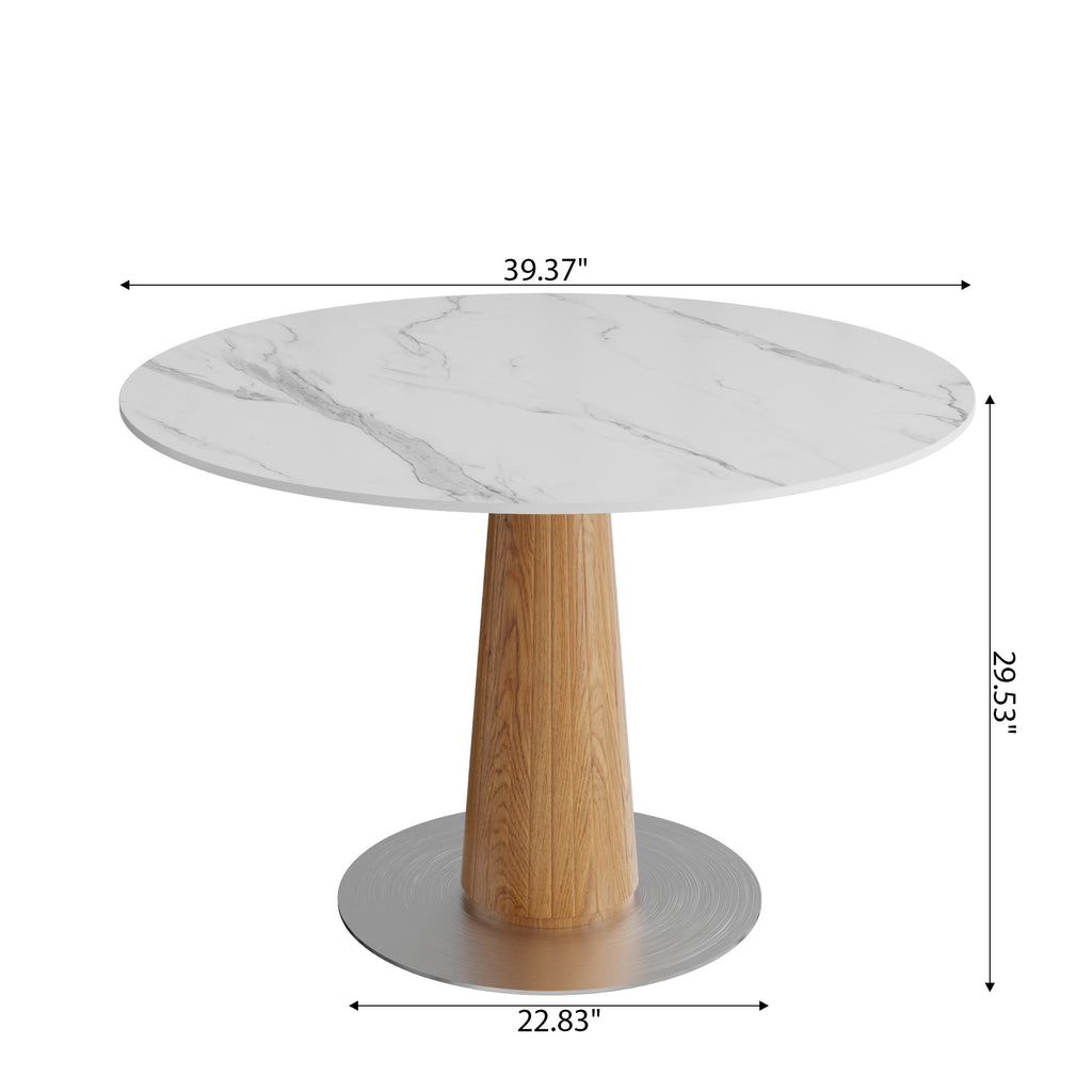 Oak Solid Wood Tapered Pedestal Round Dining Table with Snow White Stone Top - image 5