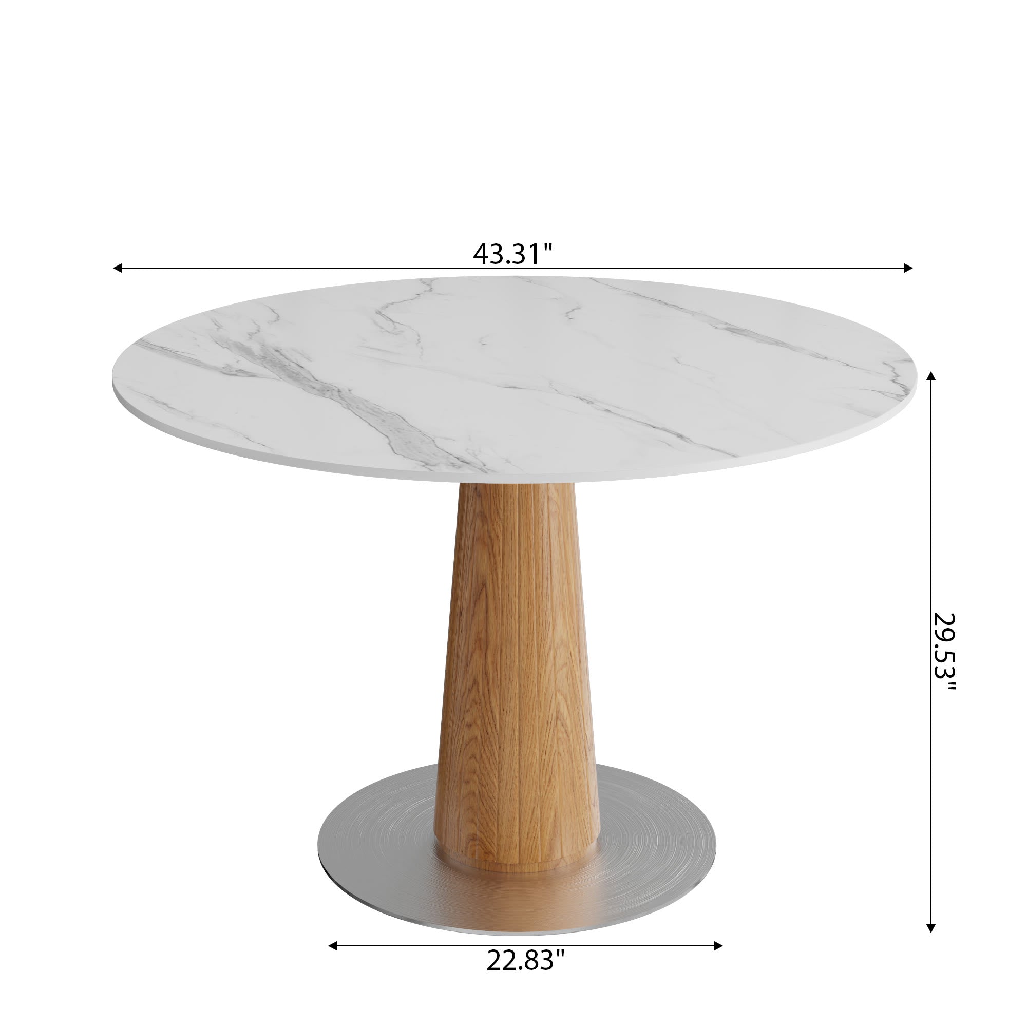 Oak Solid Wood Tapered Pedestal Round Dining Table with Snow White Stone Top - image 6