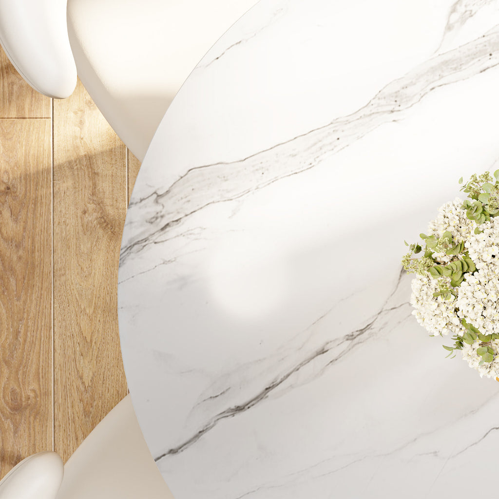 Oak Solid Wood Tapered Pedestal Round Dining Table with Snow White Stone Top - image 7