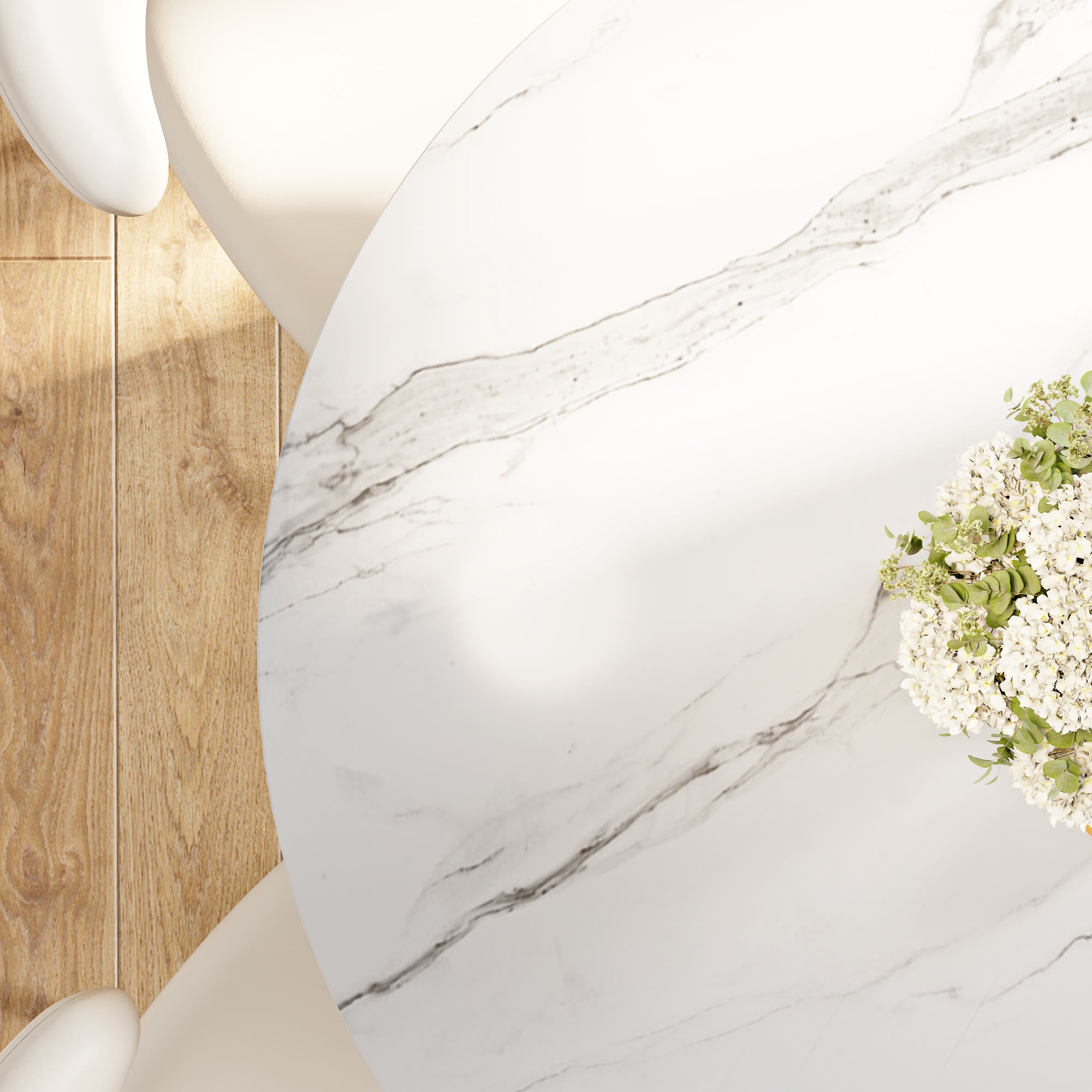 Oak Solid Wood Tapered Pedestal Round Dining Table with Snow White Stone Top - image 7