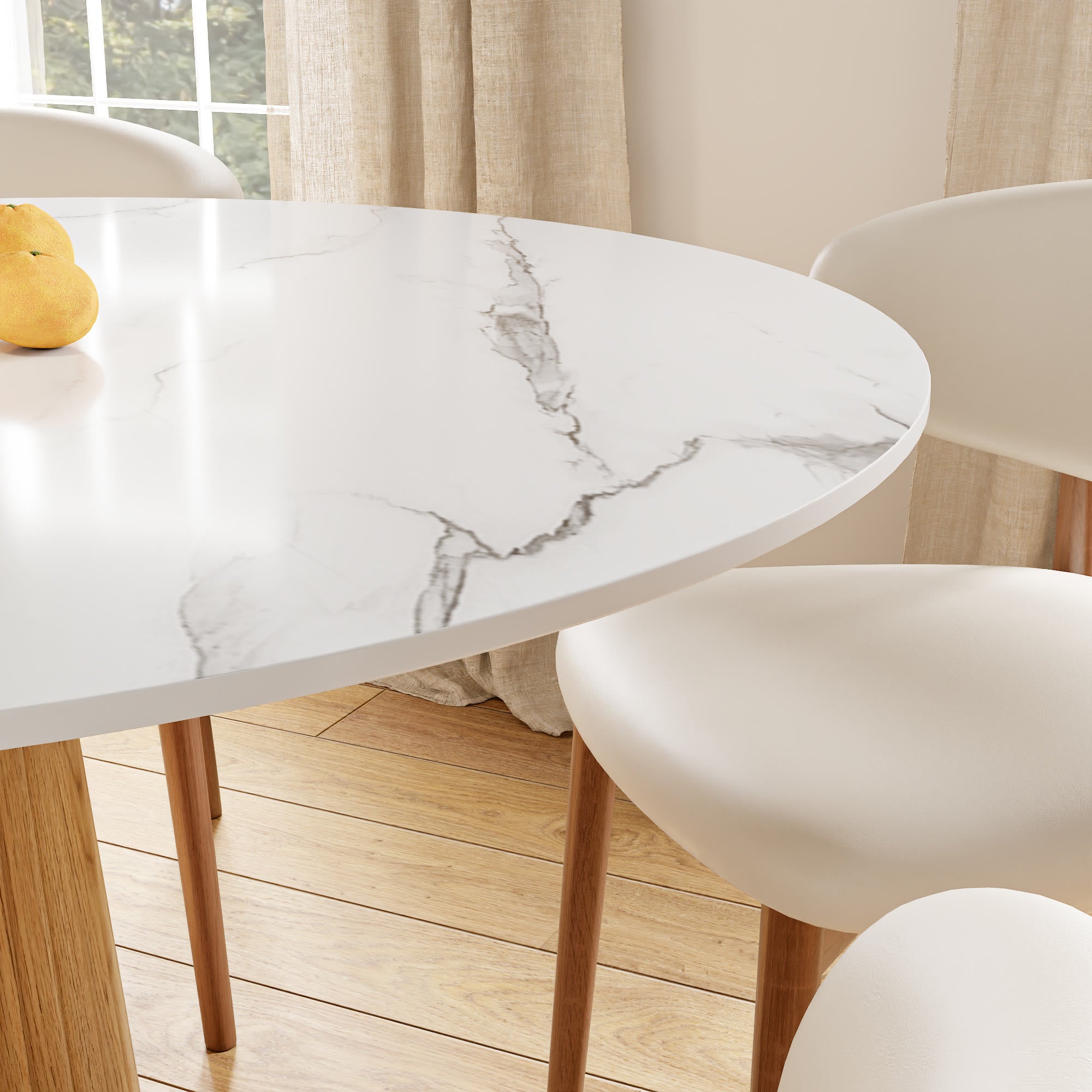 Oak Solid Wood Tapered Pedestal Round Dining Table with Snow White Stone Top - image 2