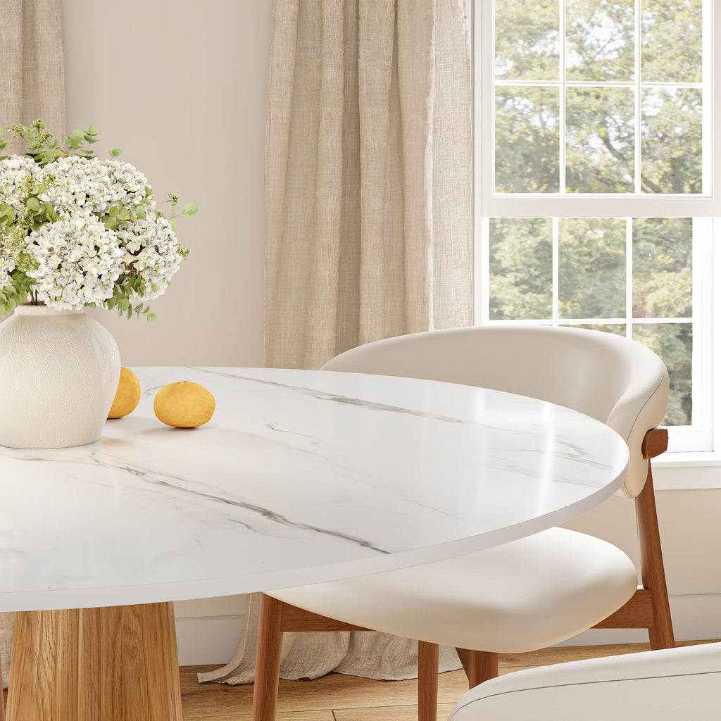 Oak Solid Wood Tapered Pedestal Round Dining Table with Snow White Stone Top - image 3