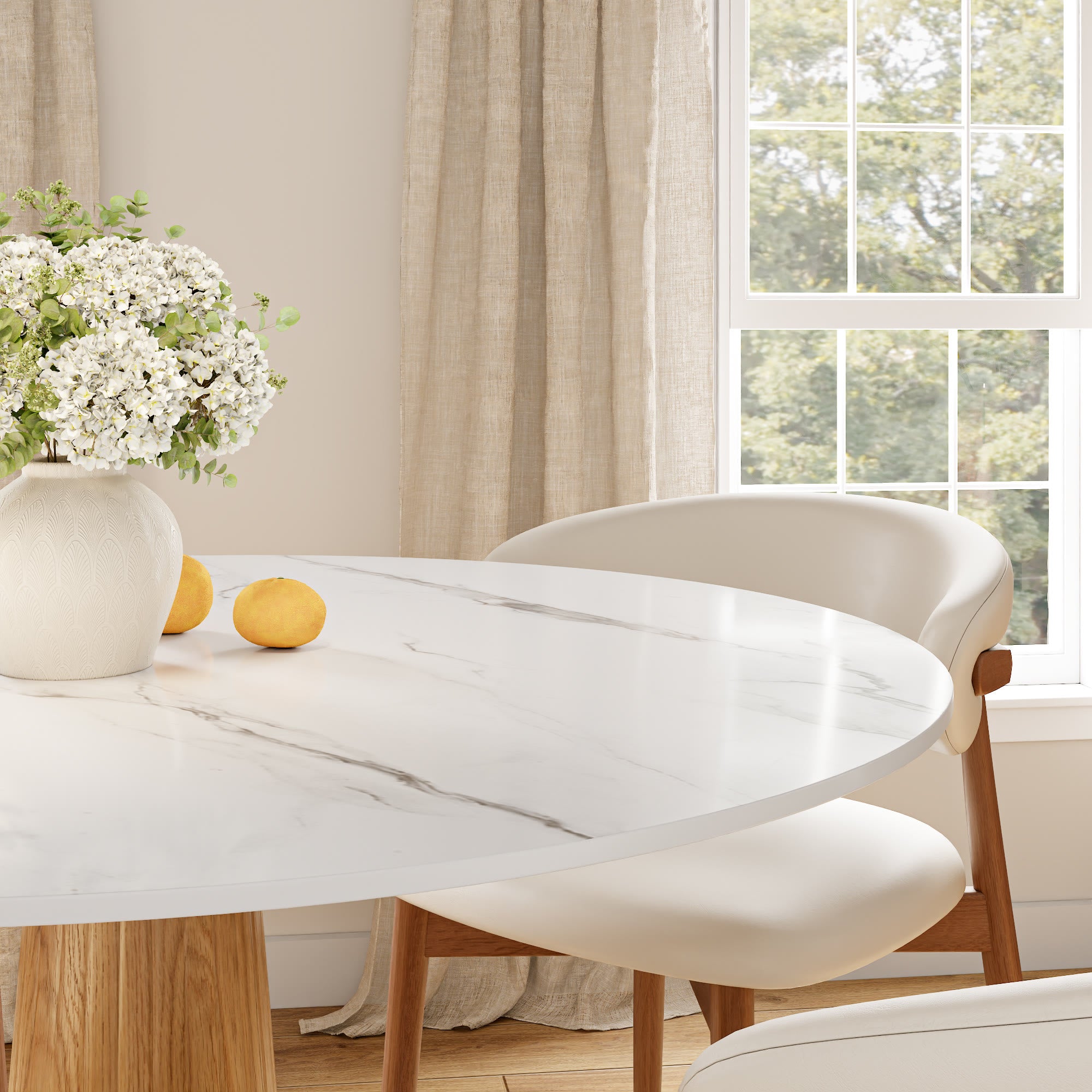 Oak Solid Wood Tapered Pedestal Round Dining Table with Snow White Stone Top - image 3